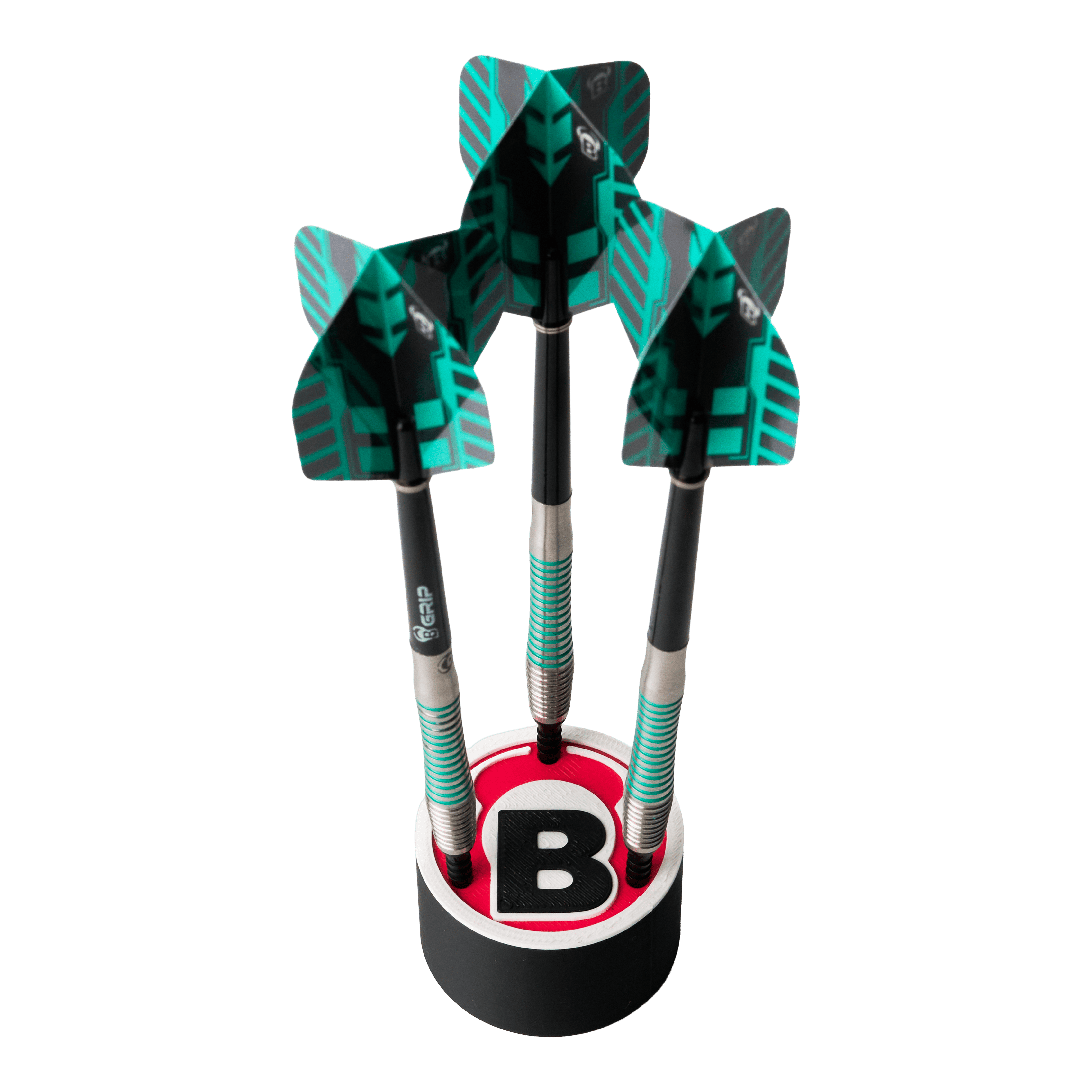 Das Bild zeigt drei Darts, die in einem runden Halter mit dem Bulls-Logo stehen. Die Flights der Darts sind schwarz und grün gemustert.