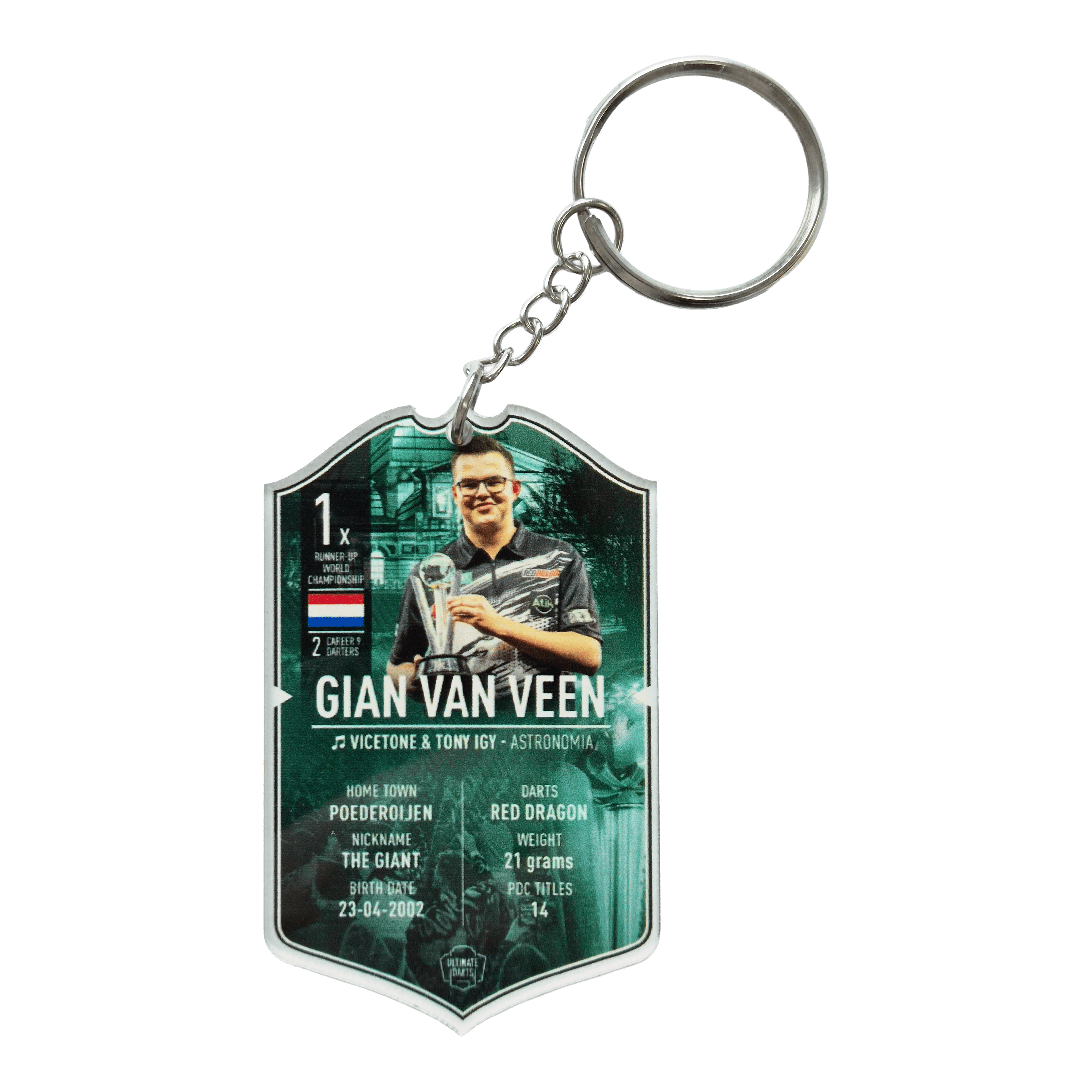Llavero con tarjeta de dardos definitivo - Gian Van Veen Ultimate Darts Card Schlüsselanhänger - Gian Van Veen ist abgebildet. Es handelt sich um einen Schlüsselanhänger mit dem Bild des Dartspielers Gian Van Veen.