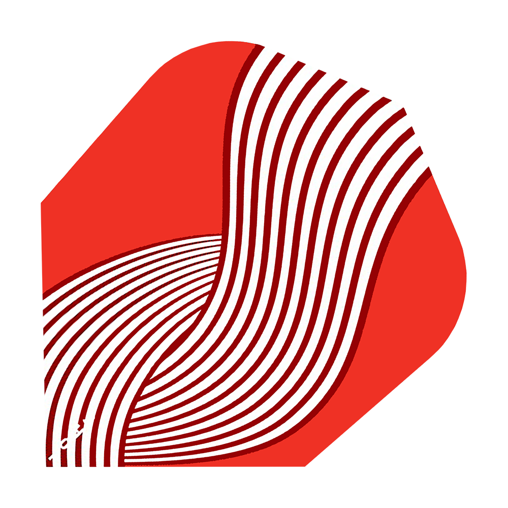 Shot ZEN Kyudo No6 Flights Das Bild zeigt ein Dartflight-Design mit dem Namen "Shot ZEN Kyudo No6 Flights". Das Flight ist rot und mit geschwungenen weißen Linien verziert.