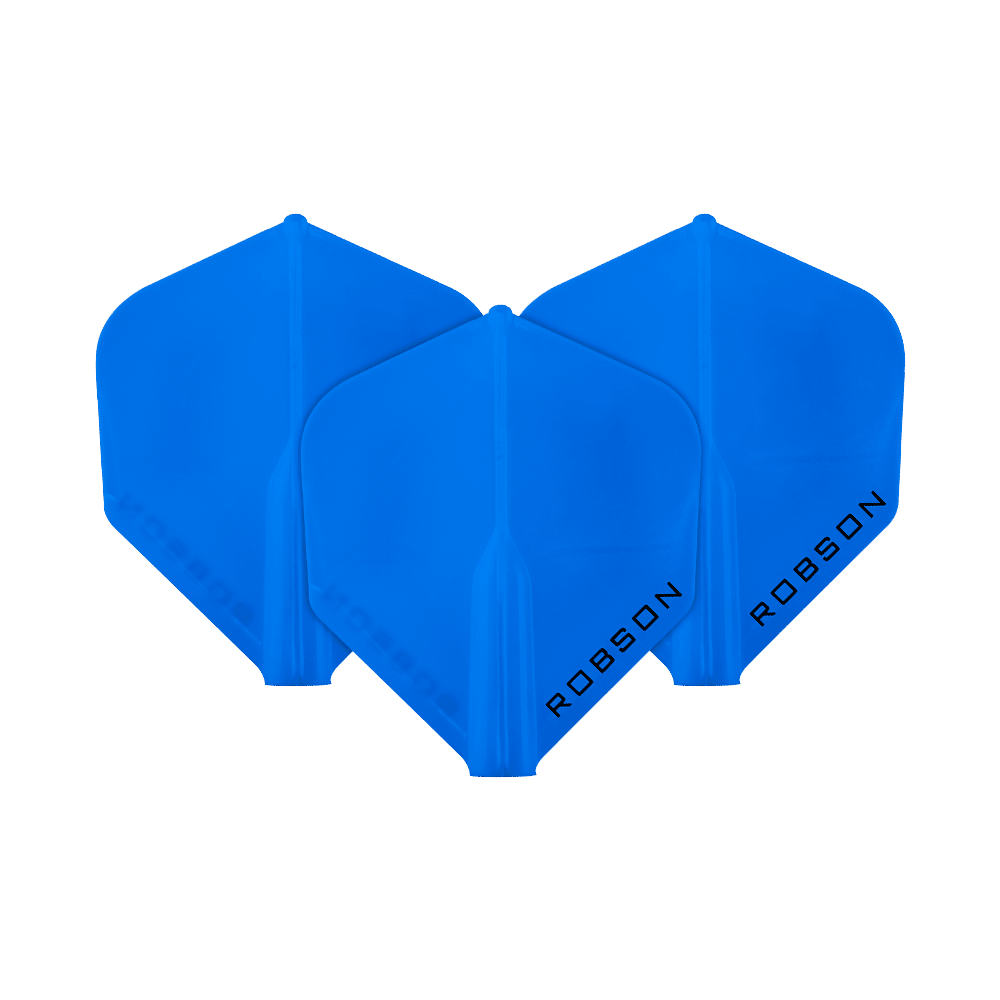 Robson Plus Standard Flights Das Bild zeigt drei blaue Dart-Flights der Marke Robson. Auf jedem Flight steht das Wort "ROBSON" in schwarzer Schrift.