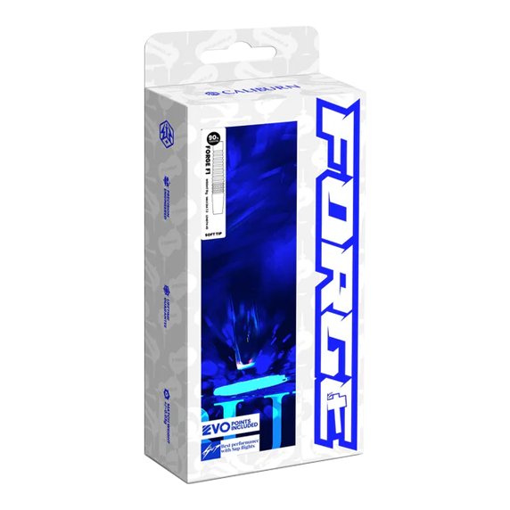 Dardos de acero Caliburn Forge F3 - 22 g Die Abbildung zeigt die Verpackung der „Caliburn Forge F3 Steeldarts - 22g“. Die Box ist überwiegend weiß mit blauen Akzenten und großem „FORGE“-Schriftzug an der Seite.