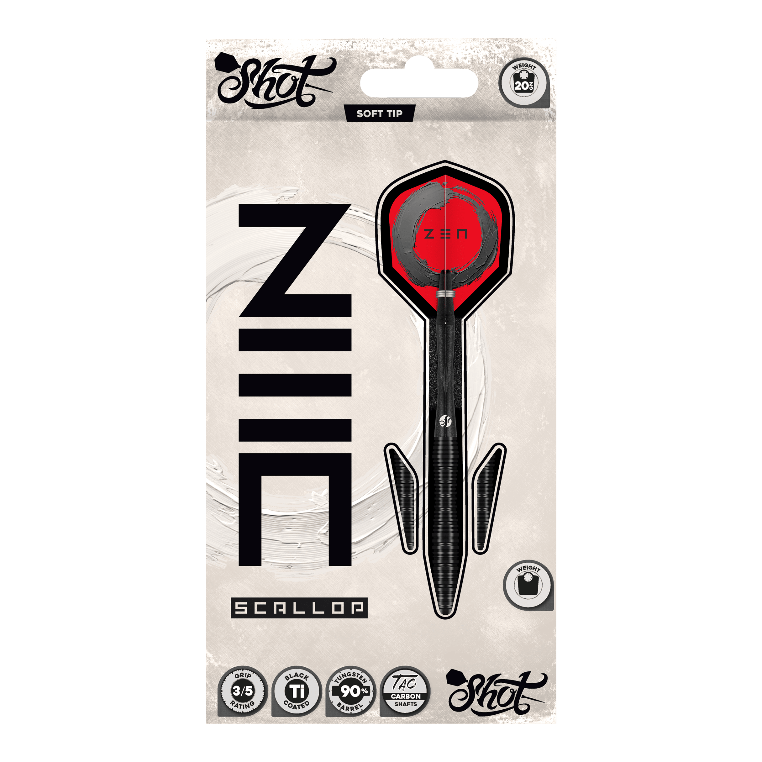 Dardos blandos Shot ZEN con forma de vieira - 20 g Das Bild zeigt die Shot ZEN Scallop Softdarts mit einem Gewicht von 20 Gramm. Die Darts sind für Softdart geeignet und haben ein modernes Design.