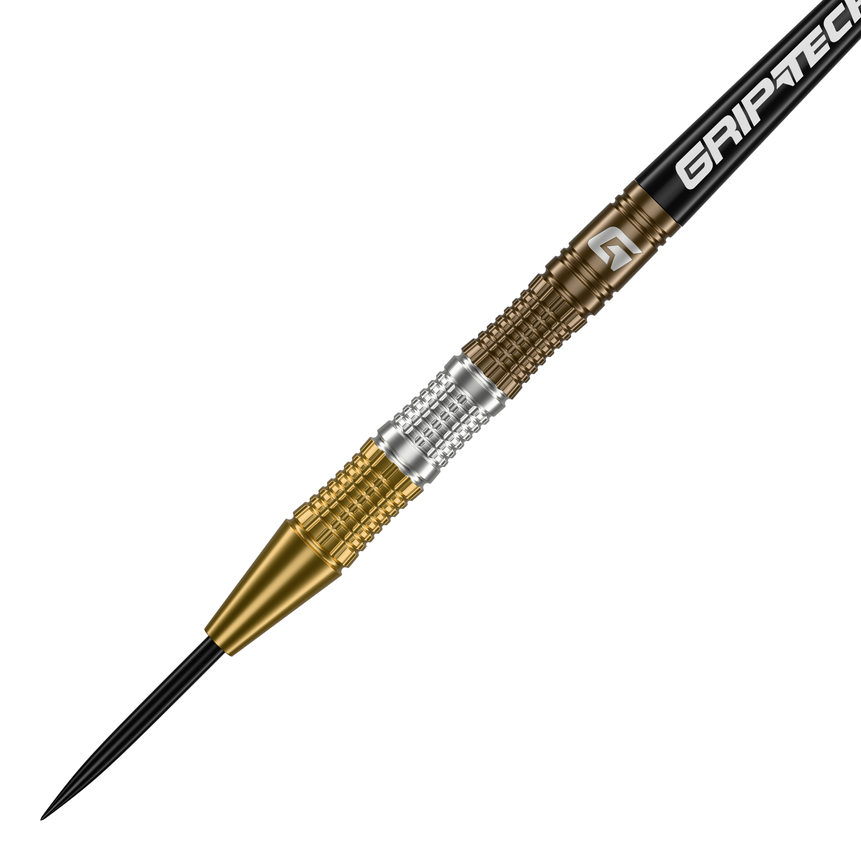 Dardos de acero de tungsteno para la ceremonia GOAT Dies ist ein GOAT Ceremony Tungsten Steeldart mit einem goldenen und silbernen Griffbereich. Auf dem Schaft steht das Wort "GRIPTECH".