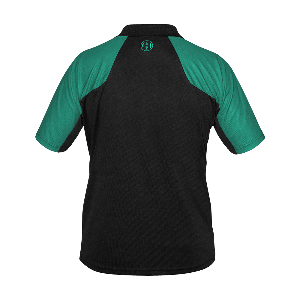 17577-Harrows-Vivid-Dartshirt-Black-Jade-2 Das Bild zeigt ein Harrows Vivid Dartshirt in den Farben Schwarz und Jade. Das Shirt hat grüne Ärmel und einen schwarzen Rücken mit einem kleinen Logo am oberen Rücken.