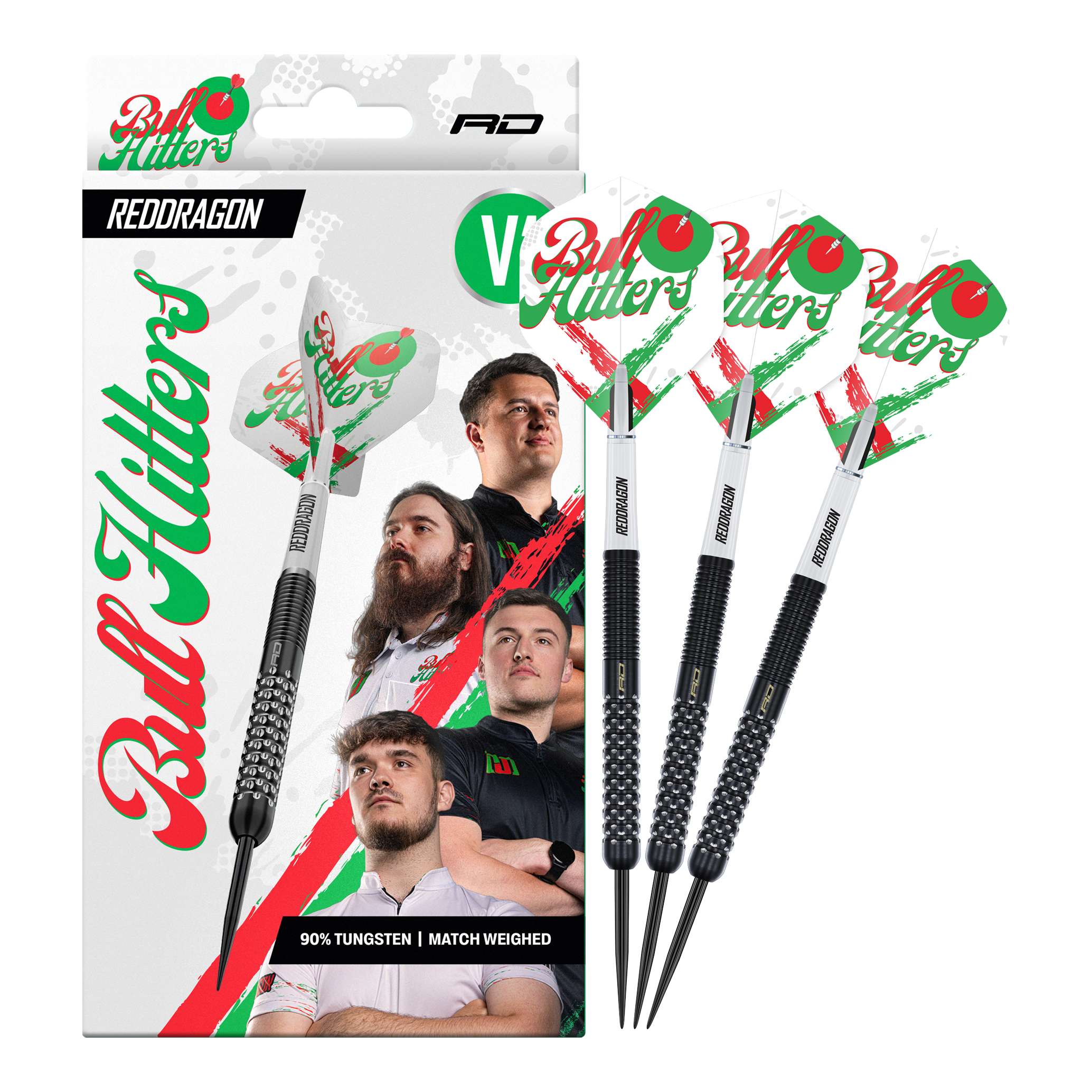 Abgebildet ist der Red Dragon Bullhitters V1 Steeldarts - 23g in kompletter Ansicht. Das Produkt eignet sich für Steeldartspieler und wiegt 23 Gramm.