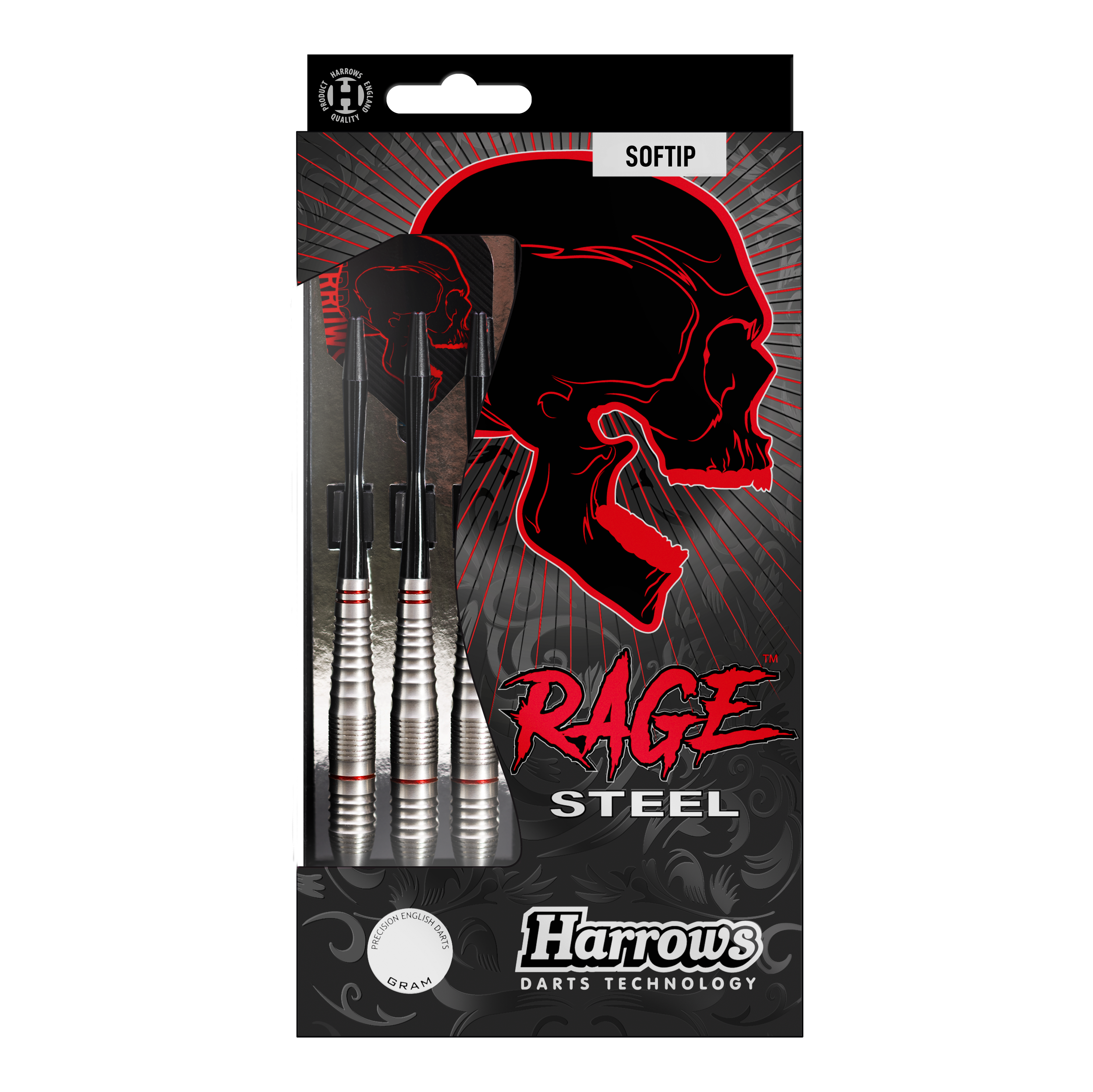 Dardos suaves Harrows Rage Das Bild zeigt eine Packung Harrows Rage Softdarts mit drei silbernen Darts. Auf der Verpackung ist ein roter Totenkopf und der Schriftzug "Rage" auffällig zu sehen.