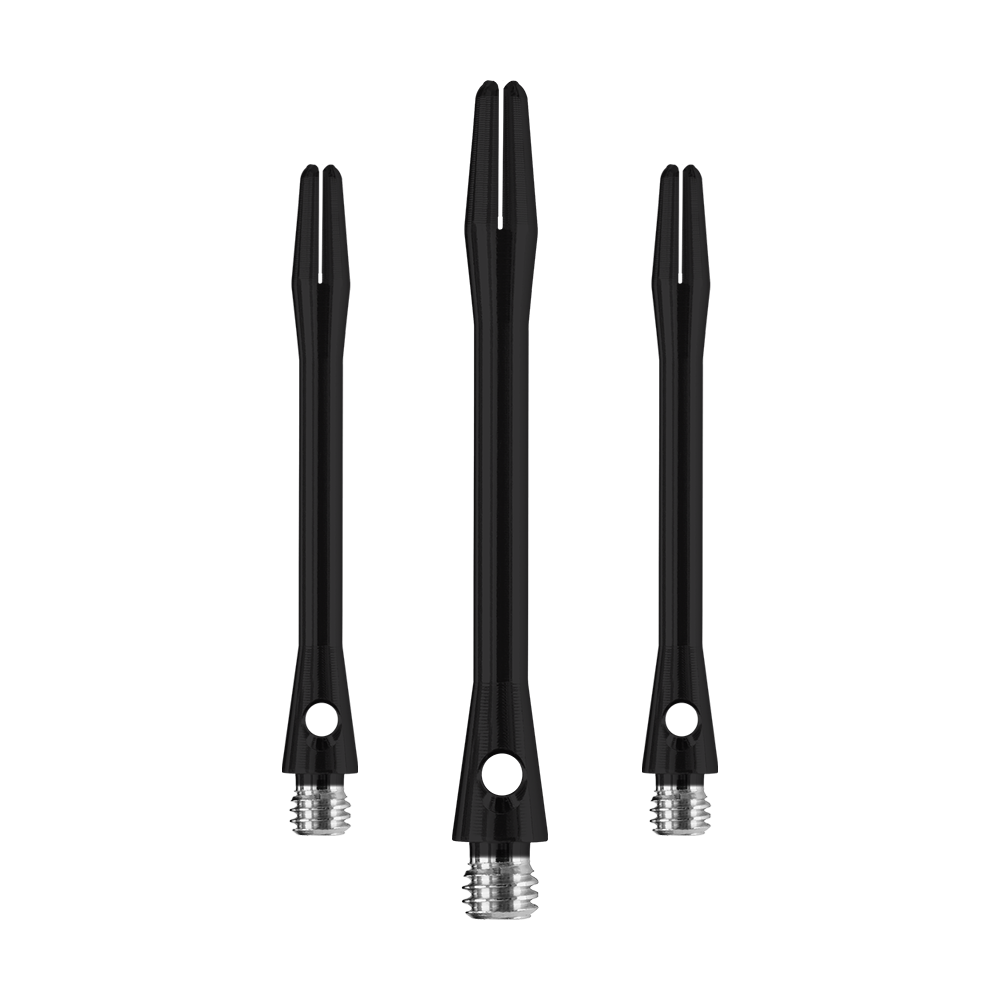HR368_Harrows_Keramic_Shafts_Schwarz_47mm_1KzzPF3t8vjGQK Das Bild zeigt drei Harrows Keramic Shafts in Matt Schwarz. Sie sind in verschiedenen Längen abgebildet und haben ein modernes, schlichtes Design.