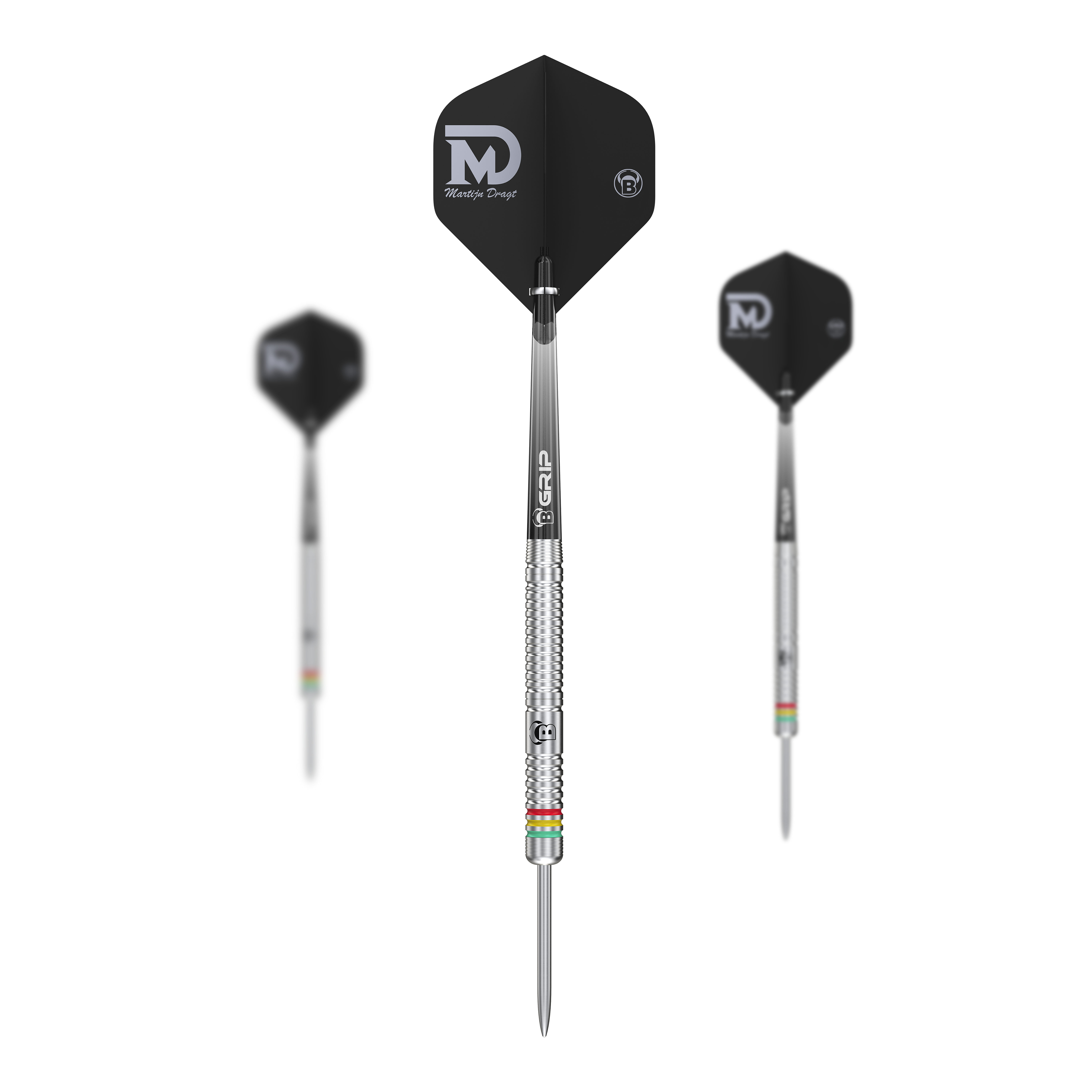 Das Bild zeigt drei Steeldarts mit silbernem Griff und schwarzem Flight. Auf dem Flight steht „Martijn Dragt“ sowie das Kürzel „MD“.