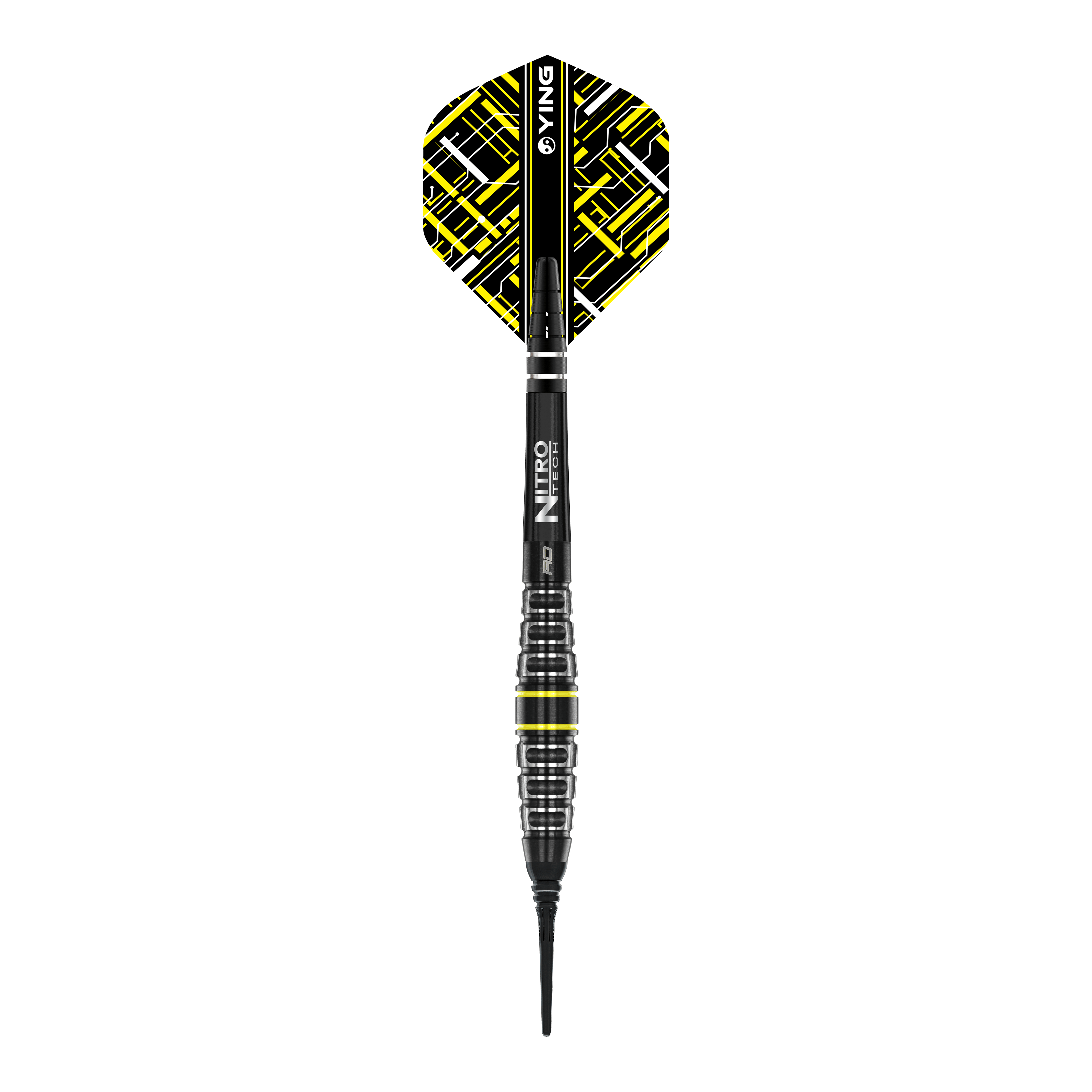 Dardos blandos Red Dragon Astraeus Q4X Torpedo - 20 g Das Bild zeigt den Red Dragon Astraeus Q4X Torpedo Softdart mit einem Gewicht von 20g. Der Dart hat ein modernes Design mit schwarzen und gelben Akzenten.