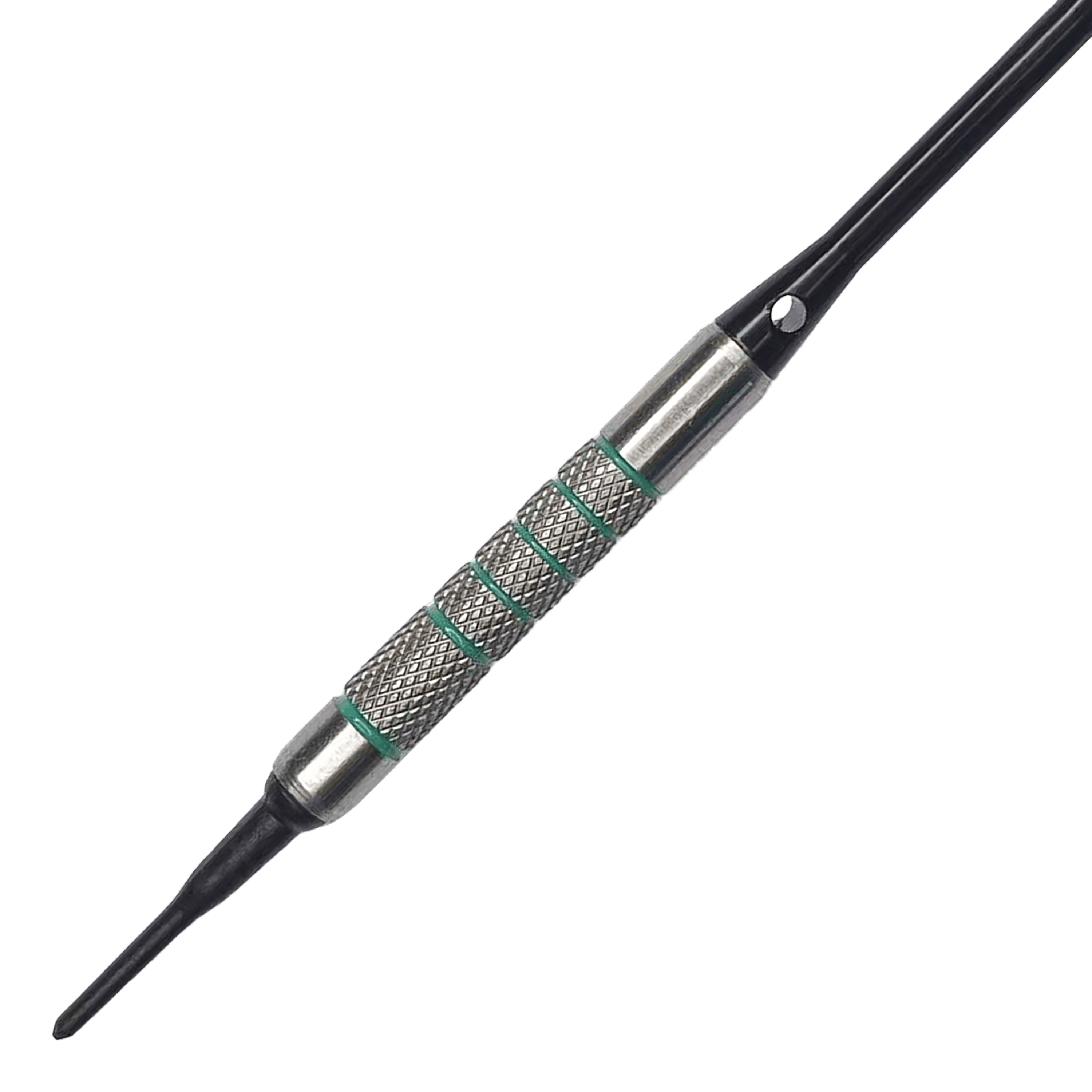 Dardos blandos McDart 85 Tungsten V7 - 16,5 g Das Bild zeigt einen McDart 85er Tungsten V7 Softdart mit einem Gewicht von 16,5g. Der Dart hat eine strukturierte silberne Griffzone mit grünen Akzenten und einer schwarzen Kunststoffspitze.