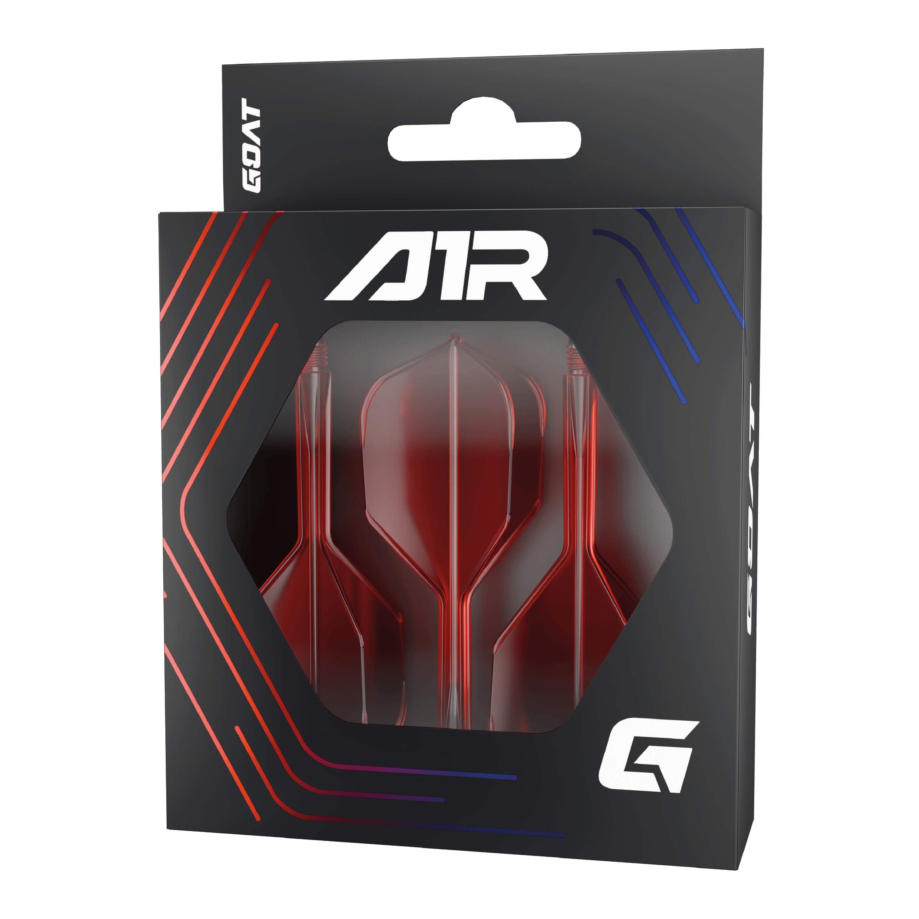 Sistema de eje de vuelo GOAT A1R No6 - Rojo Die Abbildung zeigt das Produkt "GOAT A1R No6 Flight-Shaft-System – Rot" in seiner Verpackung. Im Sichtfenster der Schachtel sind drei rote Dart-Flights und -Schäfte zu sehen.