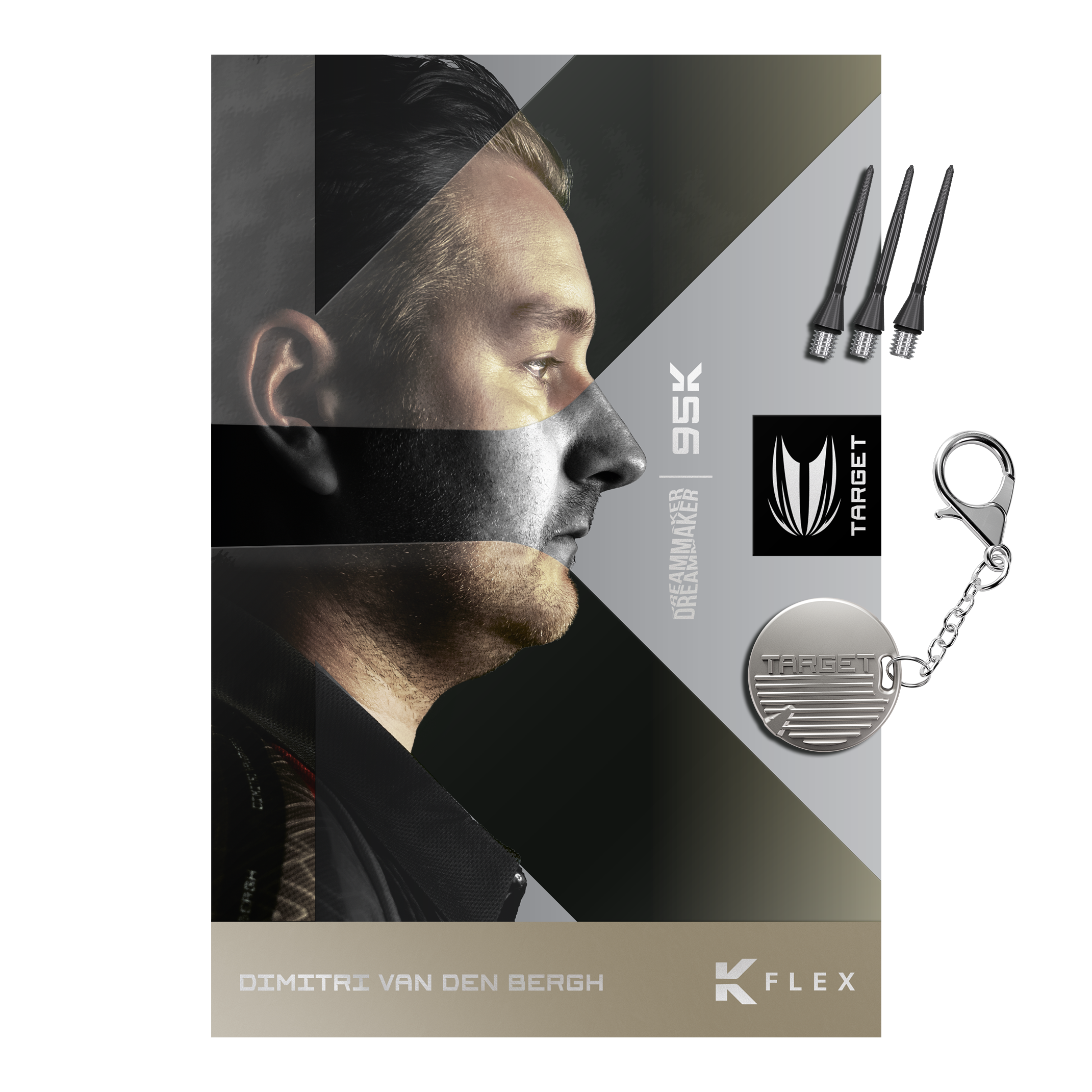 Das Bild zeigt die Target Dimitri Van Den Bergh 95K Softdarts mit einem Gewicht von 19 Gramm. Die Softdarts sind für präzises Werfen und professionelles Dartspiel konzipiert.