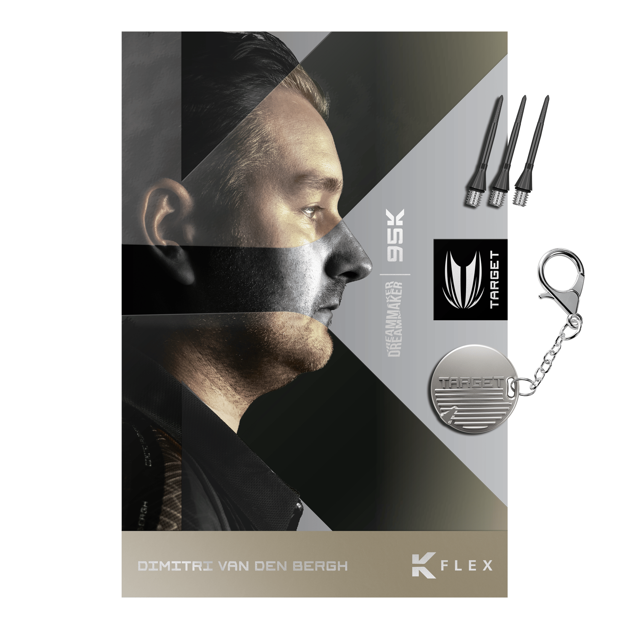 Dardos blandos Target Dimitri Van Den Bergh 95K - 19 g Das Bild zeigt die Target Dimitri Van Den Bergh 95K Softdarts mit einem Gewicht von 19 Gramm. Die Softdarts sind für präzises Werfen und professionelles Dartspiel konzipiert.