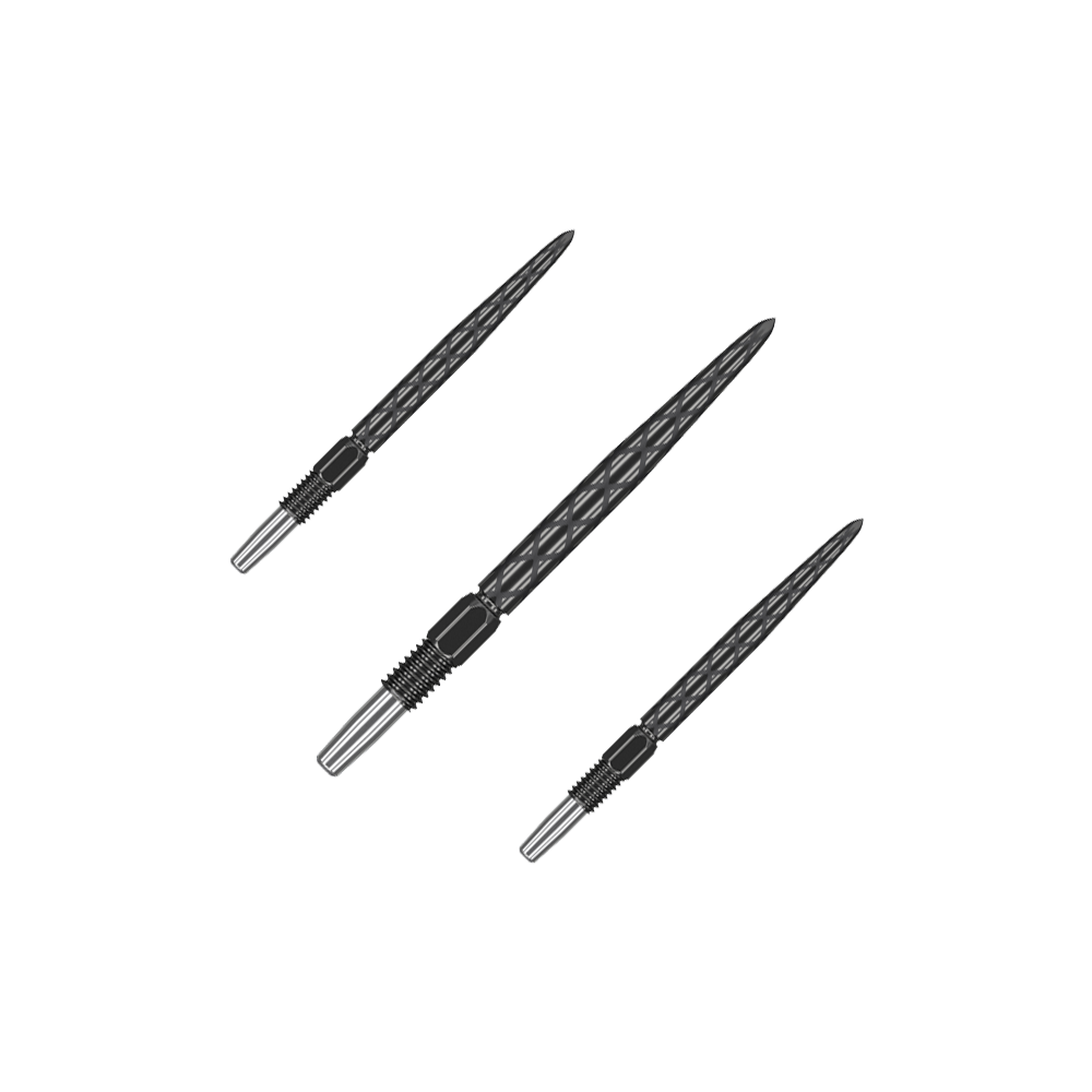 Puntas de dardos Target Swiss Diamond Pro Black Points Das Bild zeigt drei schwarze Dartspitzen mit silbernem Ende. Die Spitzen haben ein Rautenmuster und sind nebeneinander angeordnet.