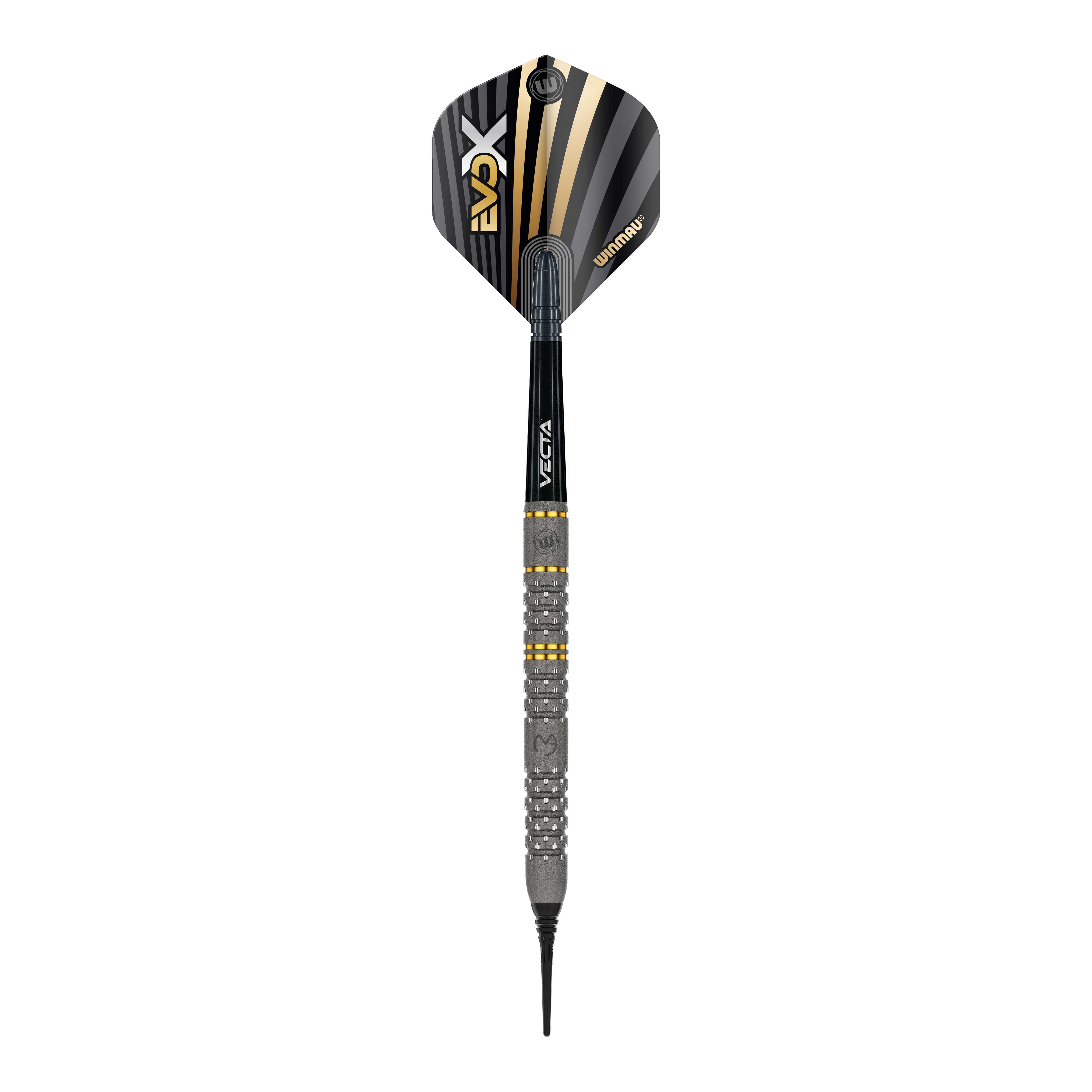 Dardos blandos Winmau Michael Van Gerwen Evo-X - 20g Das Bild zeigt einen Winmau Michael Van Gerwen Evo-X Softdart mit einem Gewicht von 20g. Der Dart hat ein modernes Design mit schwarz-goldenen Akzenten und einer strukturierten Griffzone.