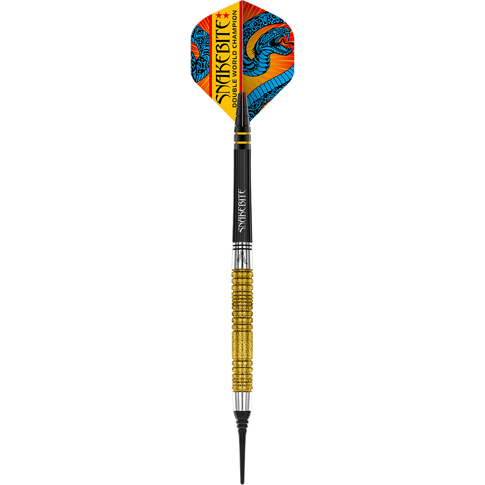 Dardos blandos Red Dragon Peter Wright, doble campeón mundial SE Gold Plus - 20 g Das Bild zeigt einen Softdart mit goldfarbenem Griff und bunter Spitze. Auf dem Flight steht "Snakebite Double World Champion" und es ist ein blauer Drache abgebildet.