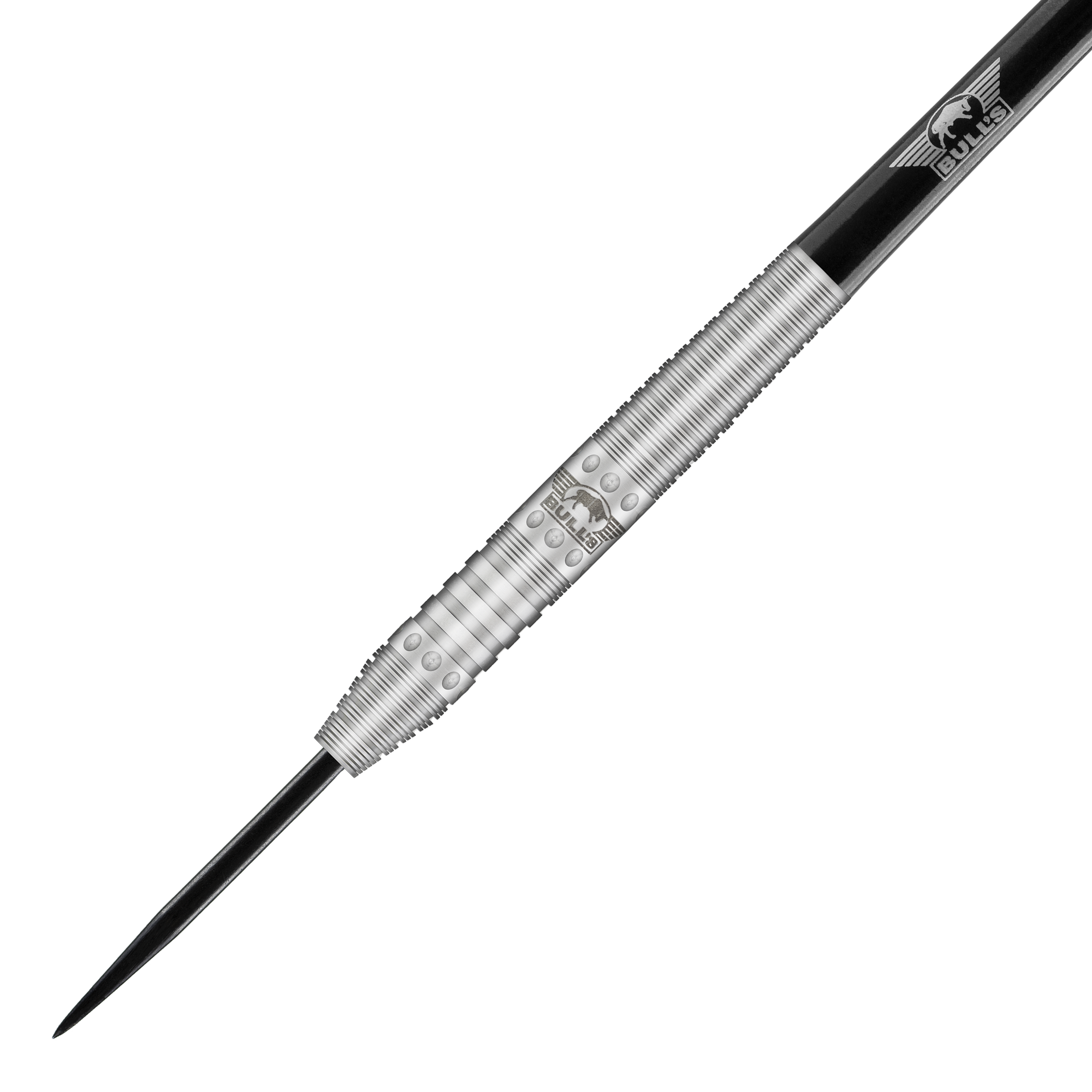 Bulls NL Richard Veenstra 80 dardos de acero - 23g Das Bild zeigt einen silbernen Steeldartpfeil mit schwarzer Spitze und silbernen Ringen. Auf dem Barrel ist das Logo von Bulls NL eingraviert.