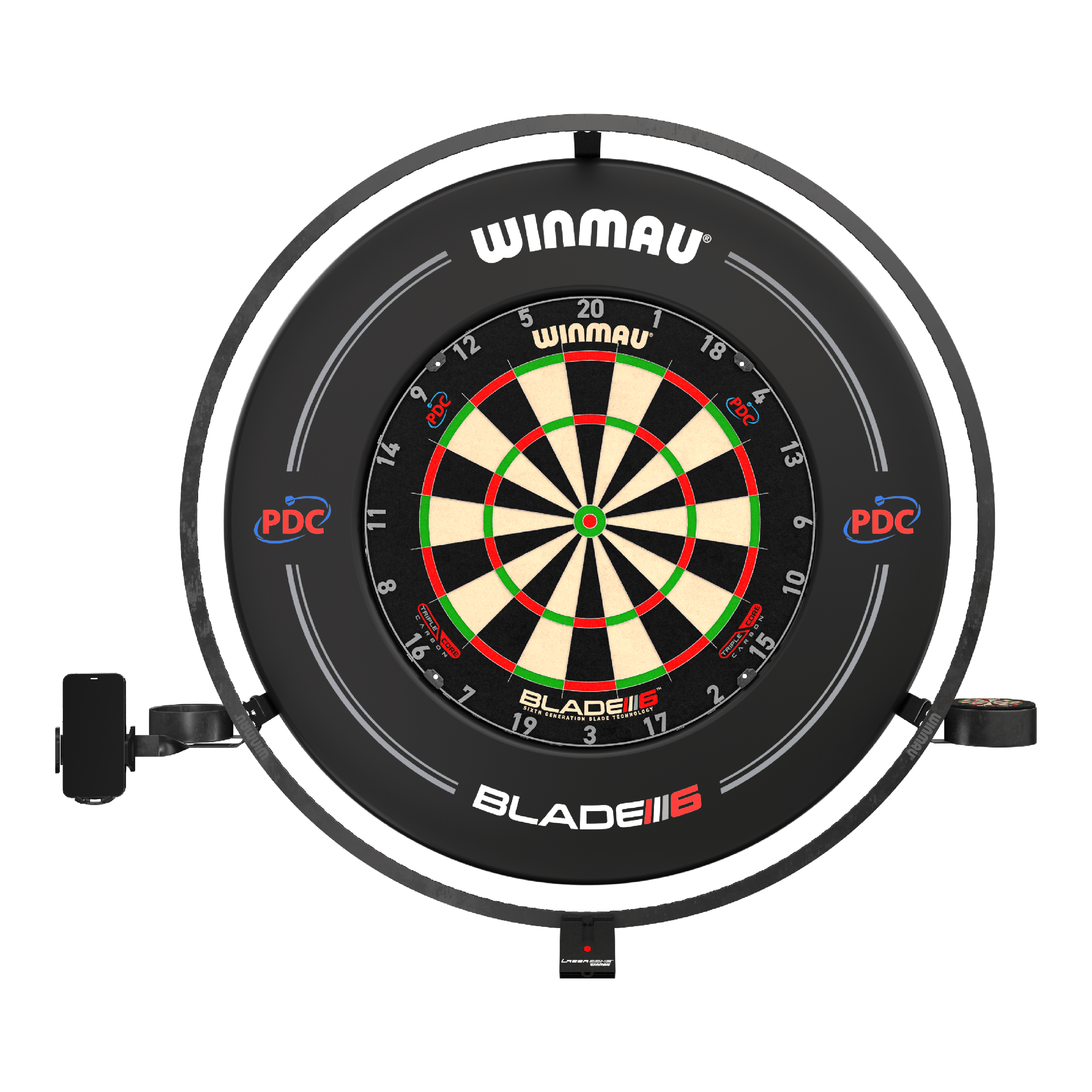 Juego de accesorios de plasma Winmau Das Bild zeigt das Produkt "Winmau Plasma Zubehör Set" mit einer Dartscheibe und einem umgebenden LED-Leuchtring. Das Set ist für professionelles Dartspielen geeignet und trägt das PDC-Logo.