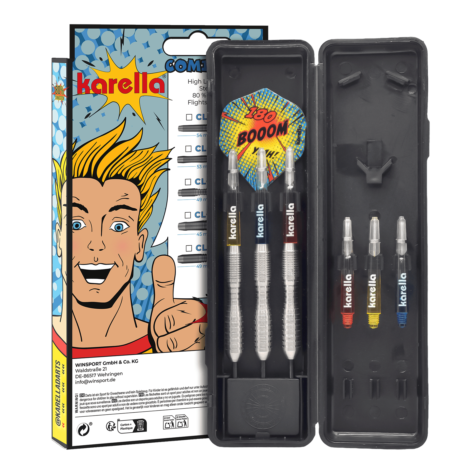 Dardos de acero Karella Comic Line CL-3 - 24 g Die Abbildung zeigt die Karella Comic Line CL-3 Steeldarts mit einem Gewicht von 24g. Die Darts sind für den professionellen Einsatz geeignet und haben ein ansprechendes Design.