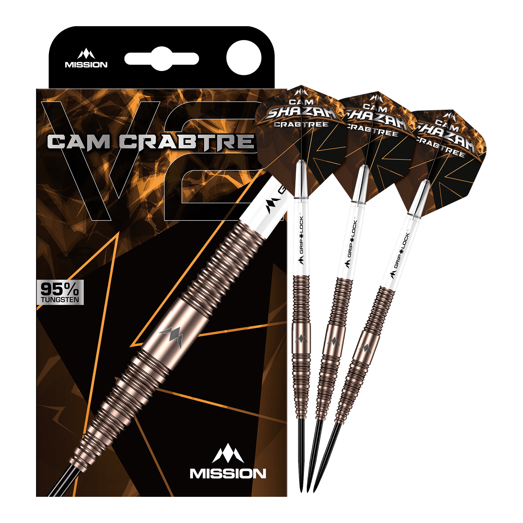 Dardos Mission Cam Crabtree V2 de acero de tungsteno al 95 % Das Bild zeigt die Mission Cam Crabtree V2 Steeldarts in voller Ansicht. Es handelt sich um ein Set von Steeldarts, präsentiert von vorne.