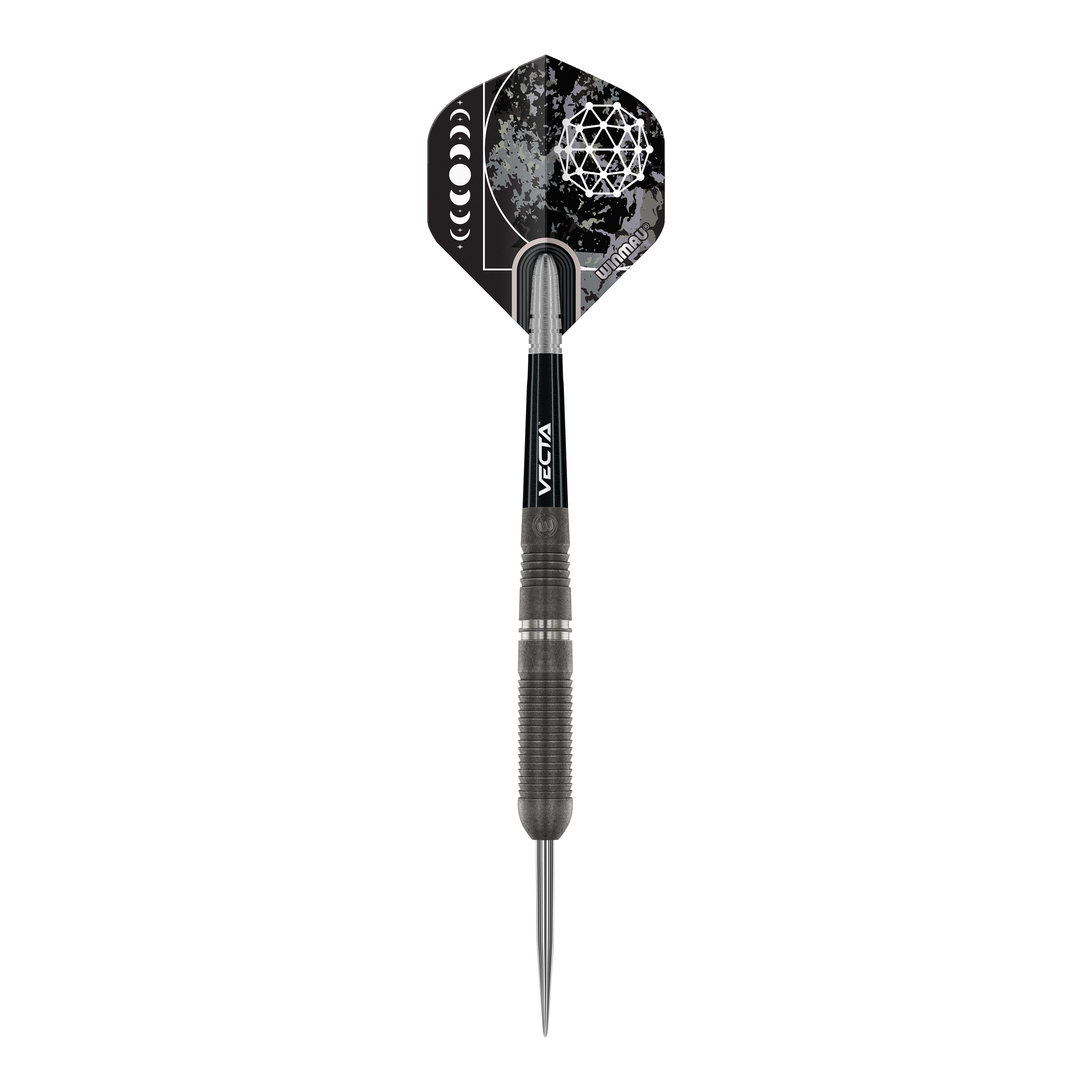 Dardos de acero Winmau Callisto 03 Das Bild zeigt einen Winmau Callisto 03 Steeldart. Der Dart ist schwarz mit einem auffälligen, geometrischen Muster auf dem Flight.