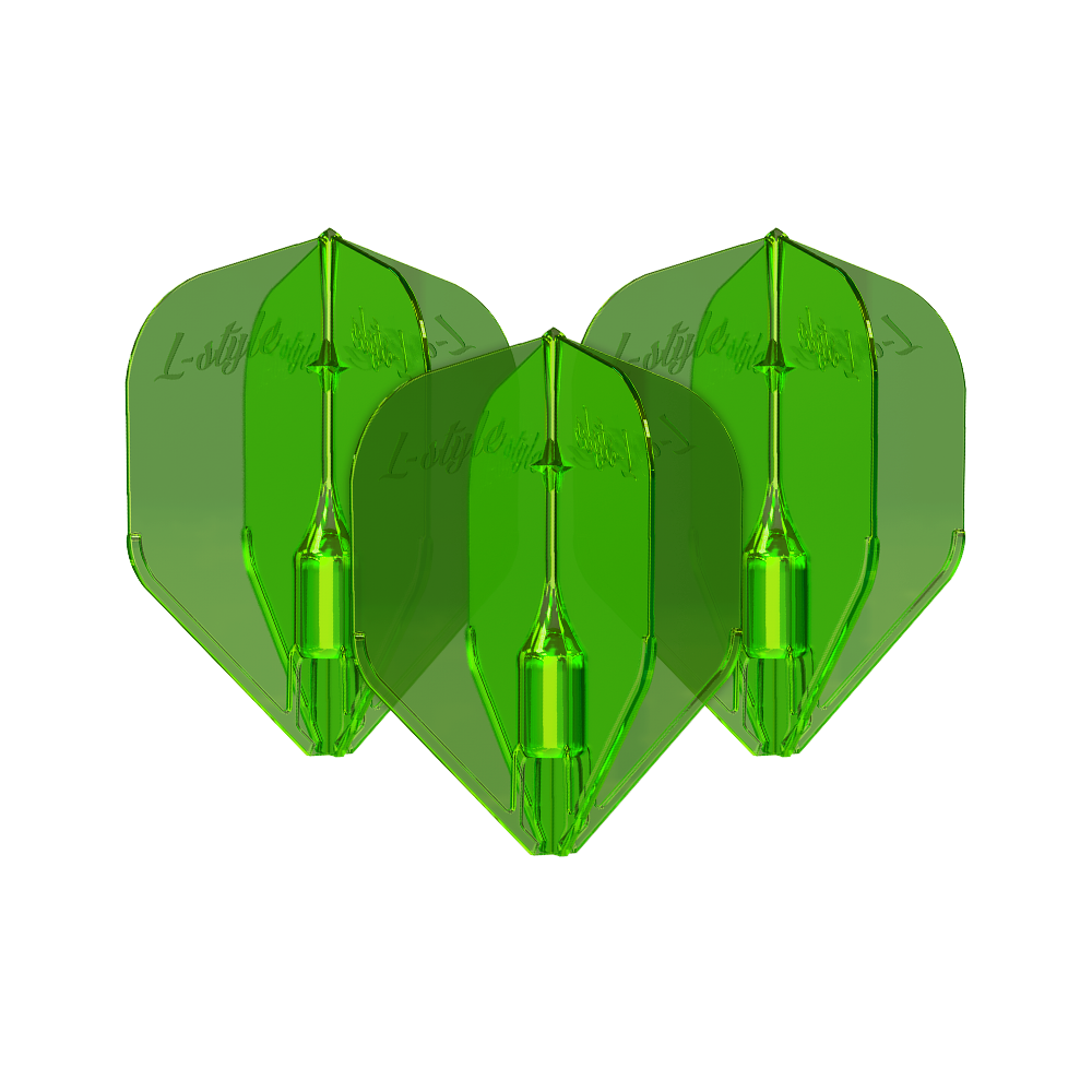 Plumas L-Style Fantom L3EZ Verde Das Bild zeigt drei grüne L-Style Fantom L3EZ Flights für Dartpfeile. Die Flights sind durchsichtig und haben eine glänzende Oberfläche.
