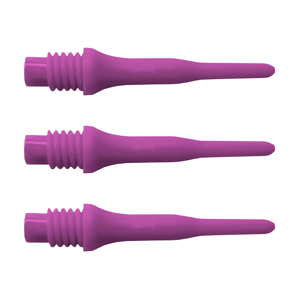 896_Bulls_Tefo_X_Softdart-Spitzen_100erPack_Pink_1I2UgU5RPRM89p Das Bild zeigt drei lila Dartspitzen nebeneinander. Es handelt sich um das Produkt "Bulls Tefo X Spitzen (1000er) Pack - Spitzen".