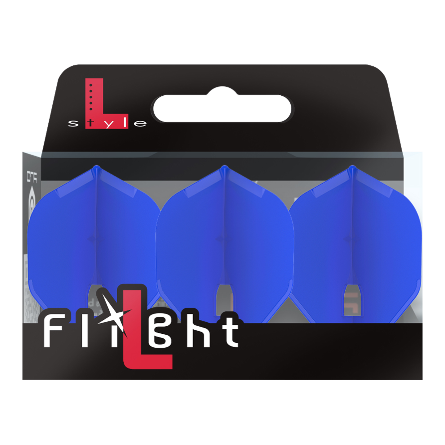 L-Style Champagne L1PRO Flights Auf dem Bild ist eine Packung mit drei blauen Dart-Flights der Marke L-Style zu sehen. Die Verpackung ist überwiegend schwarz und trägt die Aufschrift „Flight“.