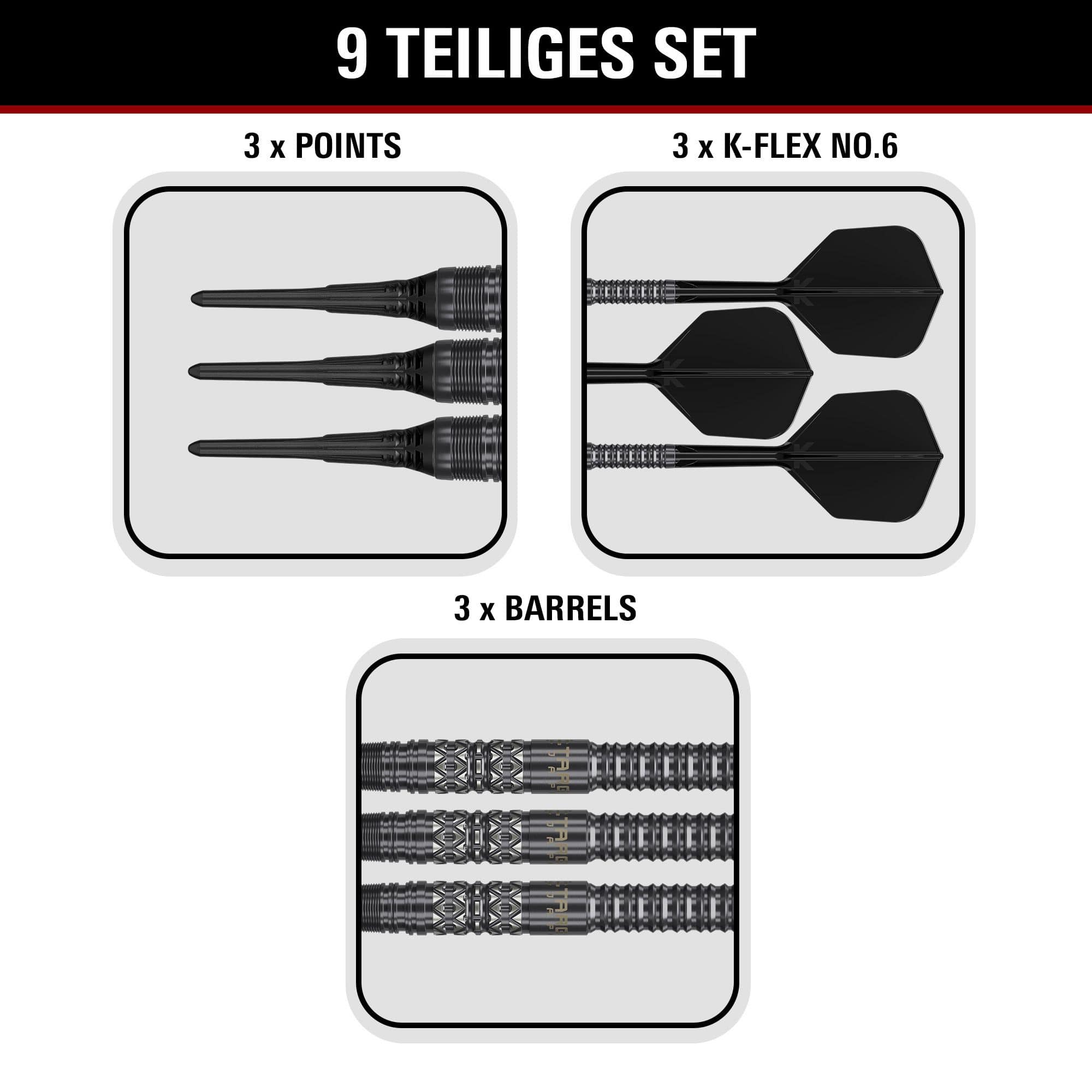 Dardos blandos Target Black Marque Creed - 21,5 g Produktbild der Target Black Marque Creed Softdarts mit einem Gewicht von 21,5g. Die Darts sind auf hellem Hintergrund abgebildet.