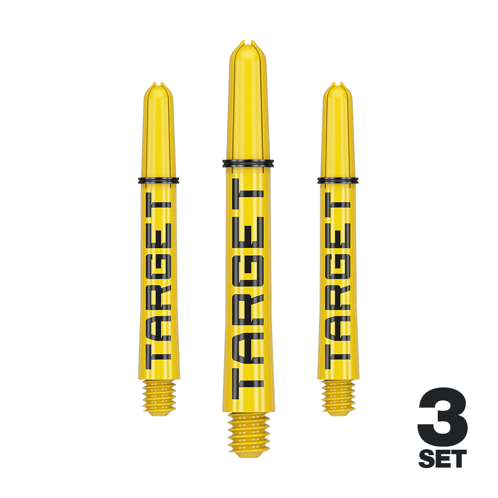 Varillas Target Pro Grip TAG - 3 juegos - Amarillas Das Bild zeigt drei gelbe Dart-Schäfte mit der Aufschrift "TARGET". Unten rechts steht "3 SET", was auf ein Set mit drei Stück hinweist.