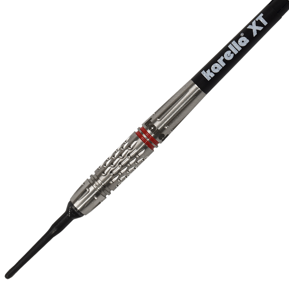 8307_Karella_Commander_Softdarts_2 Das Bild zeigt einen Karella Commander Softdart. Der Dartpfeil hat eine silberne Griffzone mit roten Ringen und einer schwarzen Spitze.