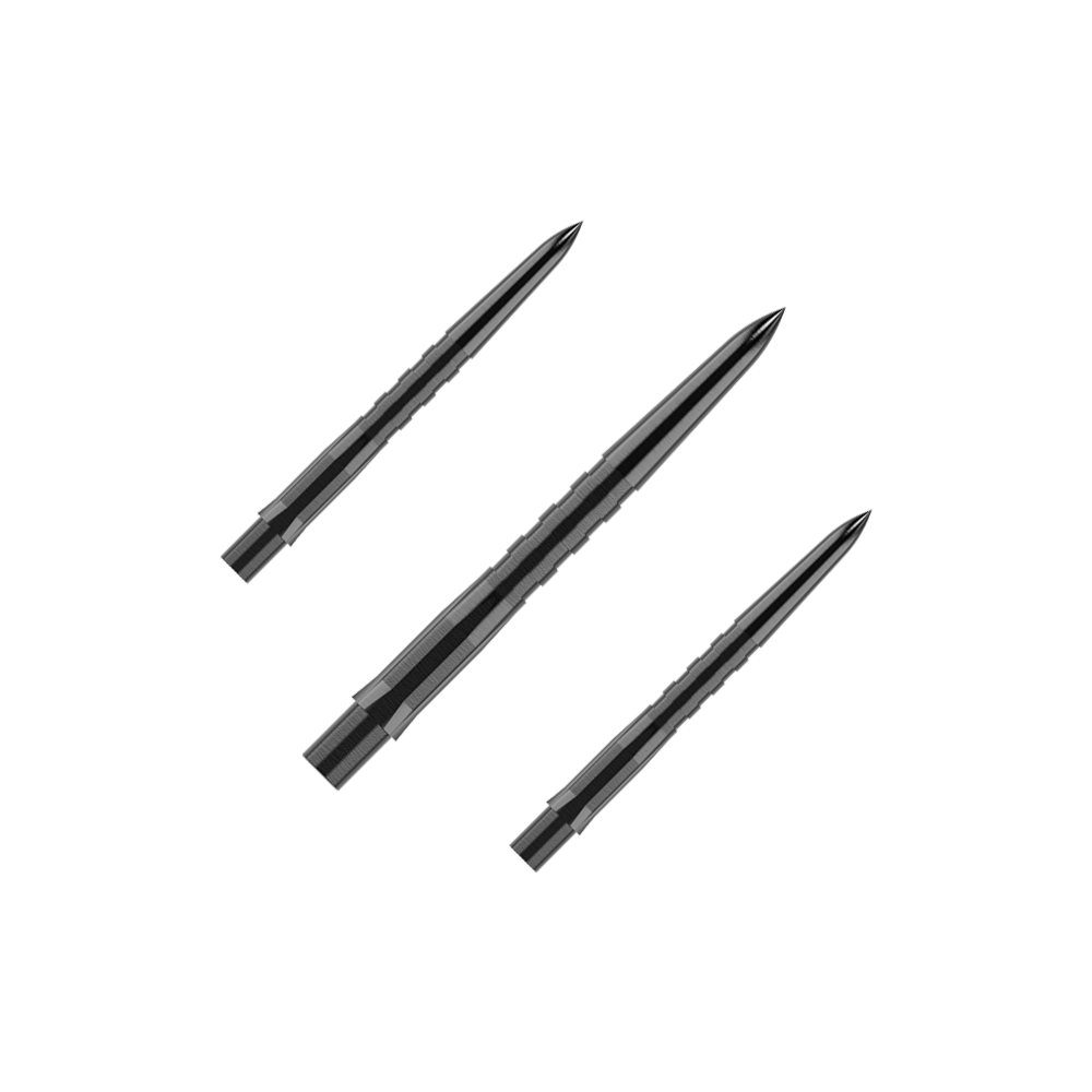 Puntas de dardos Mission Caliburn EVO - Ranuradas - Negras Das Bild zeigt drei schwarze, gerillte Steeldartspitzen, die parallel zueinander liegen. Die Spitzen sind spitz zulaufend und haben eine glänzende Oberfläche.