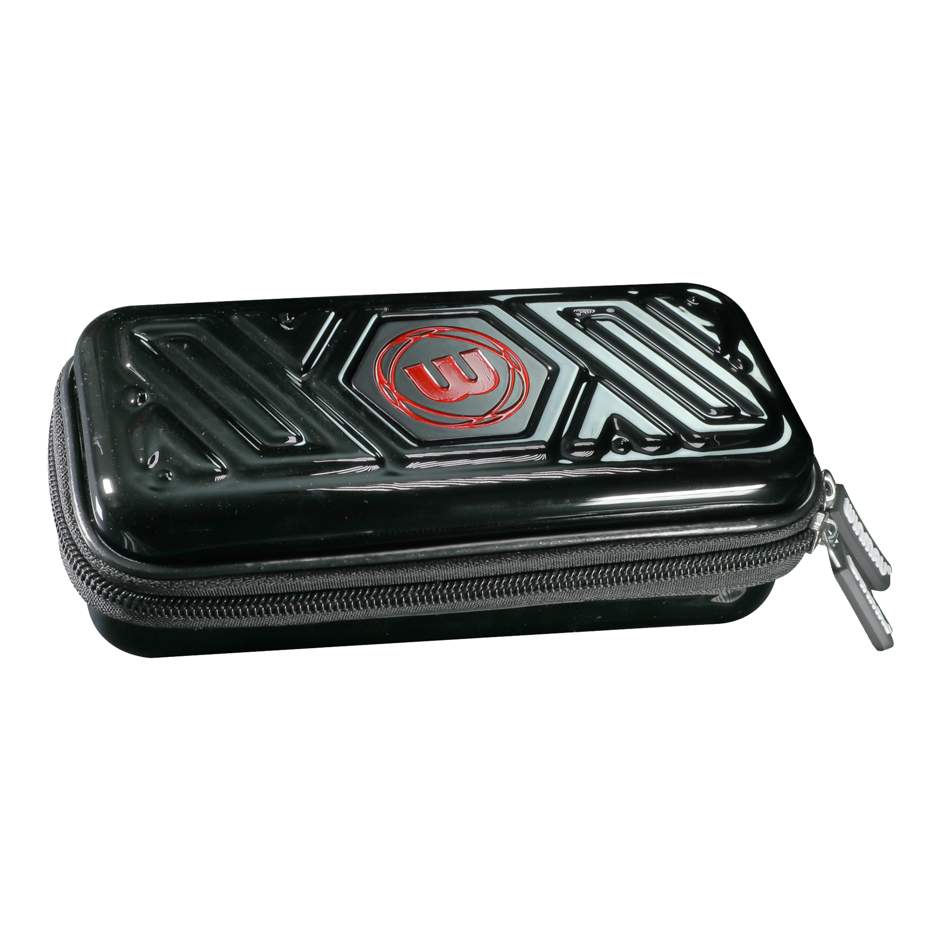 Cartera para dardos Winmau Armor G1 Das Bild zeigt ein schwarzes Dart-Etui mit einem Reißverschluss. Auf dem Etui ist ein rotes Logo zu sehen.