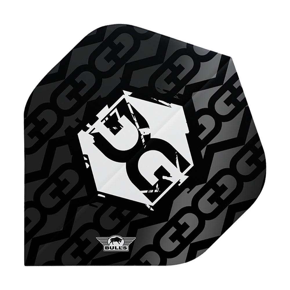 BU50921_Bulls_NL_Player_100_Martijn_Kleermaker_80_No2_Standard_Flights_1 Das Bild zeigt ein schwarzes Dartflight mit einem modernen, grafischen Design und dem Logo "Bulls" unten. In der Mitte befindet sich ein auffälliges, weißes Symbol mit stilisierten Buchstaben.