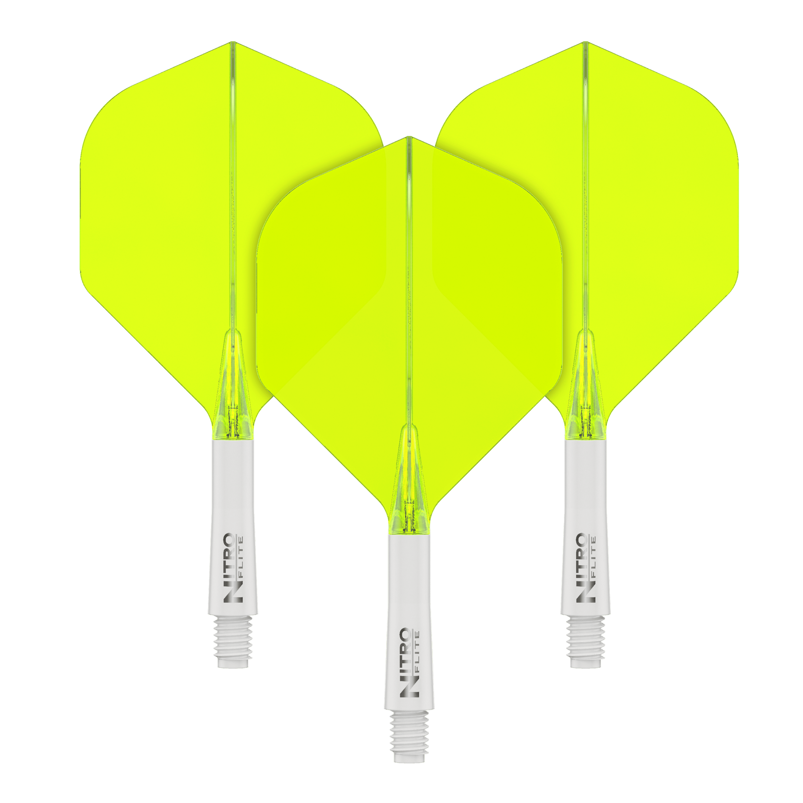 Auf dem Bild sind drei gelbe Dartflights mit weißen Schäften zu sehen. Sie stehen nebeneinander auf einem schwarzen Hintergrund.