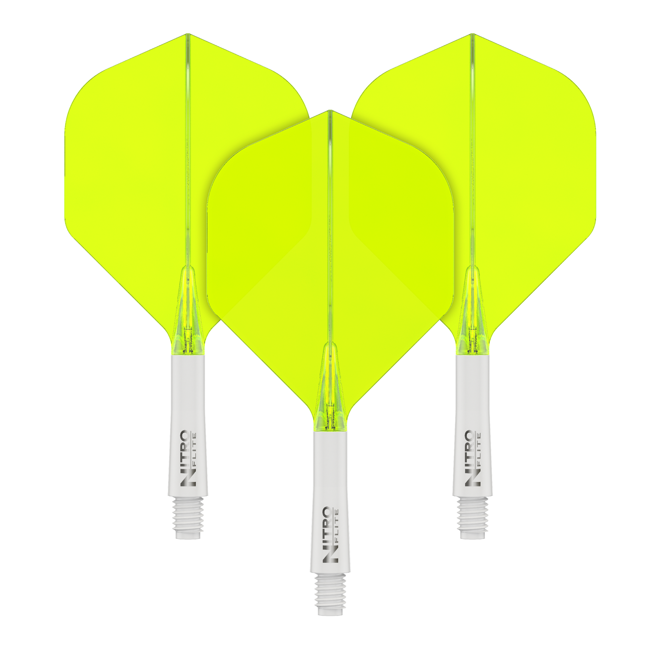 Red Dragon Nitroflite - Eje blanco, plumas amarillas nº 2 Auf dem Bild sind drei gelbe Dartflights mit weißen Schäften zu sehen. Sie stehen nebeneinander auf einem schwarzen Hintergrund.
