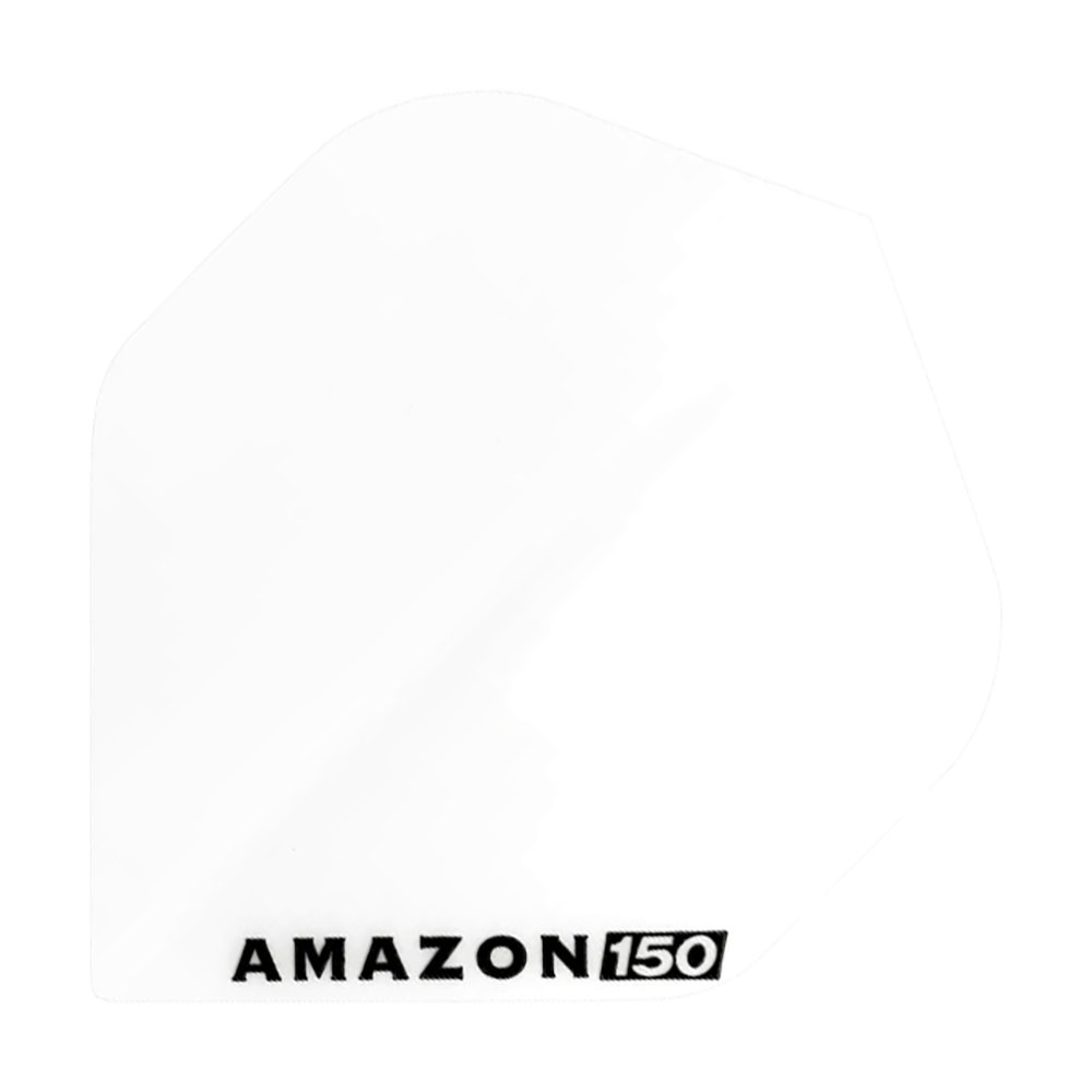 Vuelos de Amazon 150 - Blanco Das Bild zeigt ein weißes Dartflight mit der Aufschrift "AMAZON 150" in schwarzer Farbe. Das Flight hat eine klassische, schlichte Form und ist komplett einfarbig.
