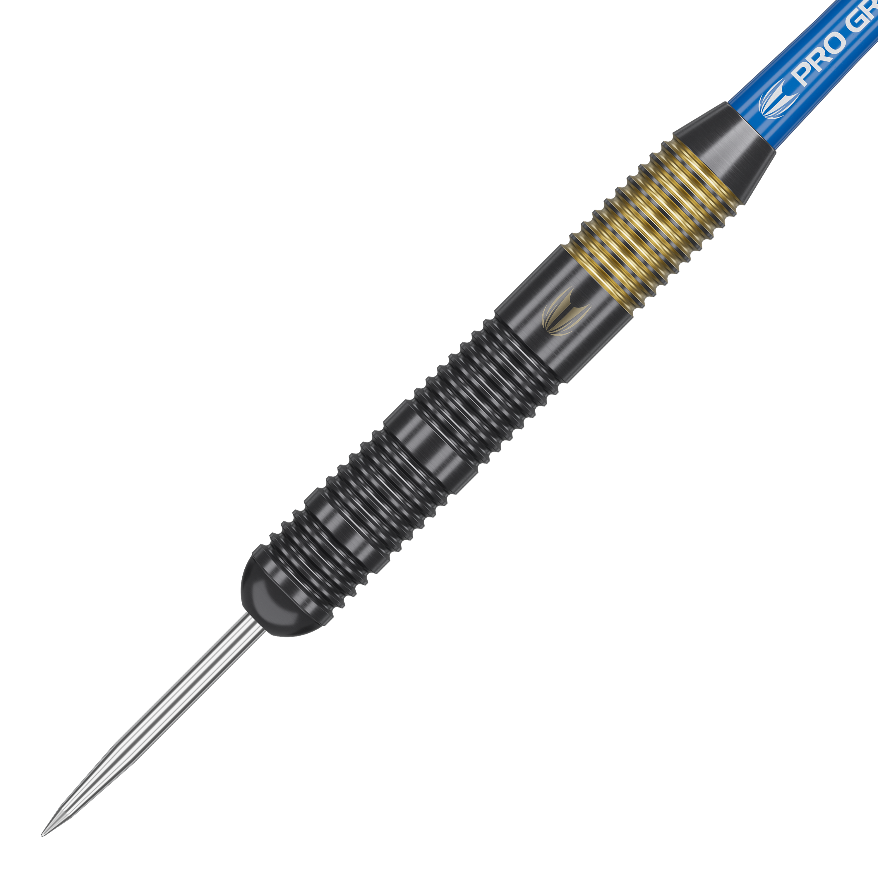 Dardos de acero y latón Target Josh Rock - 22 g Das Bild zeigt den Target Josh Rock Brass Steeldart mit einem Gewicht von 22g. Der Dart hat ein schwarzes Griffstück mit goldenen Rillen und einer silbernen Spitze.