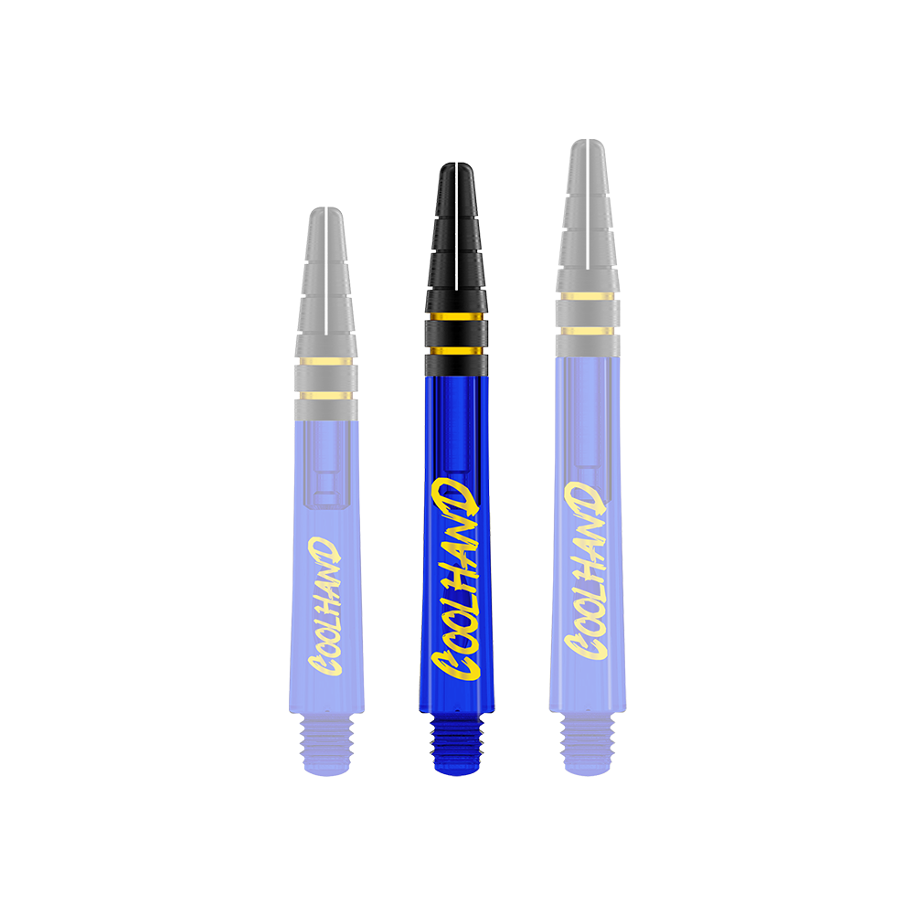 Flechas Red Dragon Nitrotech Luke Humphries Coolhand - Azul Auf dem Bild sind drei blaue Dart-Schäfte mit der gelben Aufschrift "COOLHAND" zu sehen. Die Schäfte haben schwarze und goldene Akzente am oberen Ende.