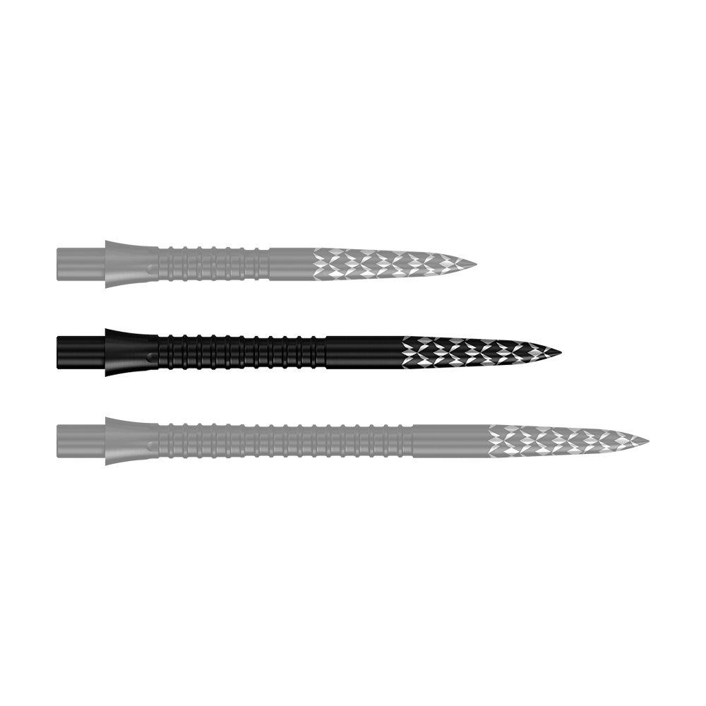 Das Bild zeigt schwarze Steeldartspitzen mit einer Länge von 32 mm. Es handelt sich um die Mission Caliburn EVO GV-Logo Steeldartspitzen.