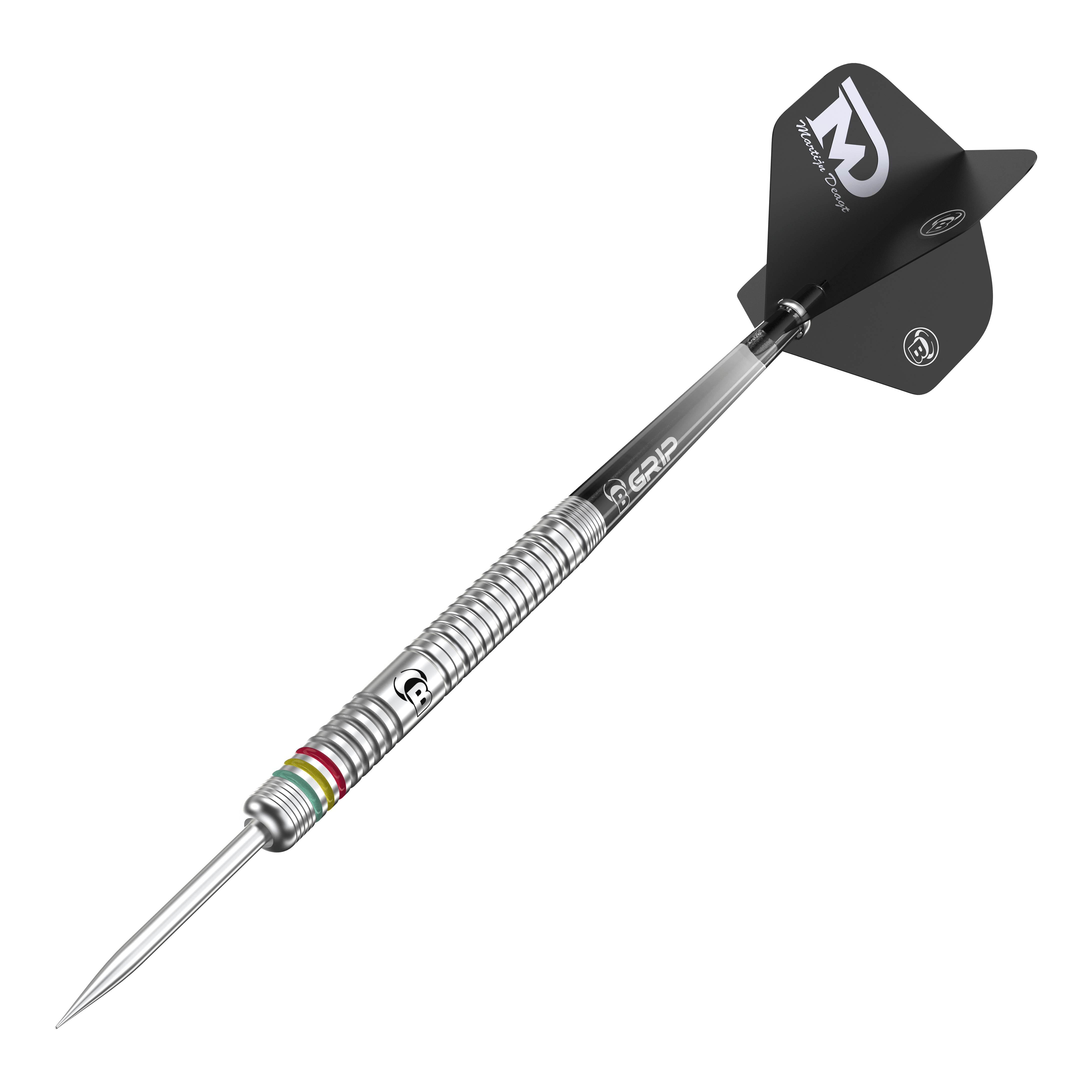 Dardos de acero Bulls Martijn Dragt - 24 g Auf dem Bild ist ein Bulls Martijn Dragt Steeldart mit einem Gewicht von 24g zu sehen. Der Dartpfeil hat einen silbernen, gerillten Schaft und schwarze Flights mit weißer Aufschrift.