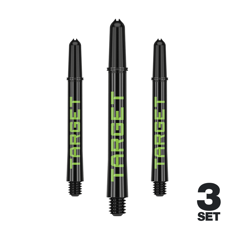 Varillas Target Pro Grip TAG - 3 juegos - Negro Verde Mehrere Dart-Schäfte mit glatten Linien und dezenter Farbe sind abgebildet. Das Produkt ist ordentlich arrangiert.