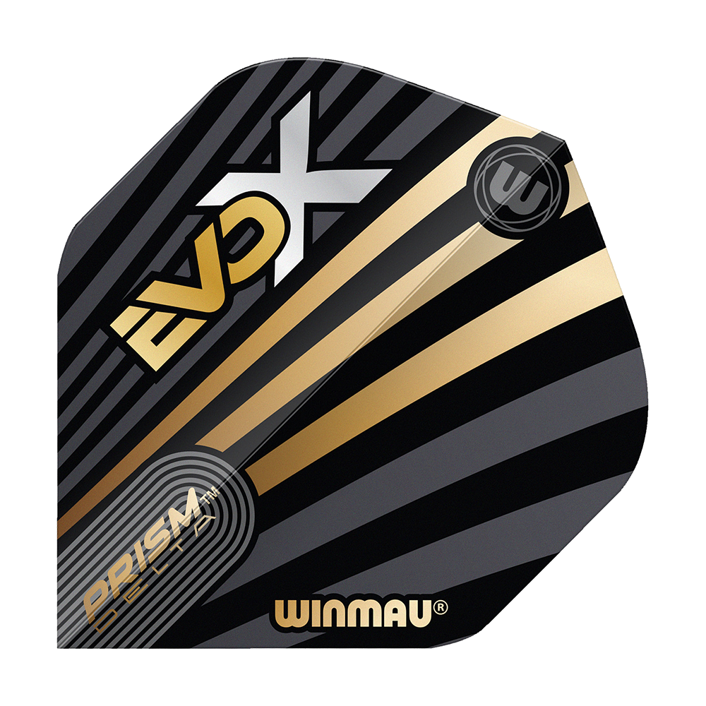 Vuelos estándar Winmau Prism Delta MvG Evo-X No2 Das Bild zeigt ein Winmau Prism Delta MvG Evo-X No2 Standard Flight. Das Flight ist schwarz mit goldenen und grauen Streifen sowie dem Schriftzug "EVO-X" und "WINMAU".