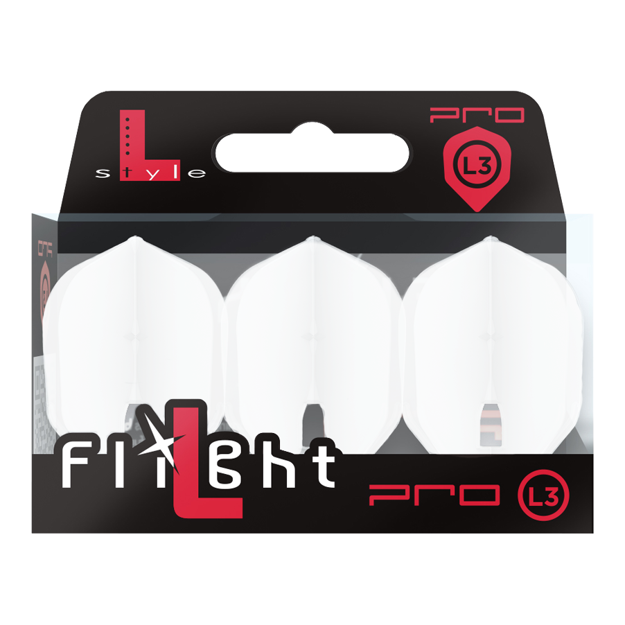 Das Bild zeigt ein Produkt mit dem Namen 'L-Style Champagne L3PRO Shape Flights White 2'. Es handelt sich vermutlich um einen weißen Dart-Flug in spezieller Form.