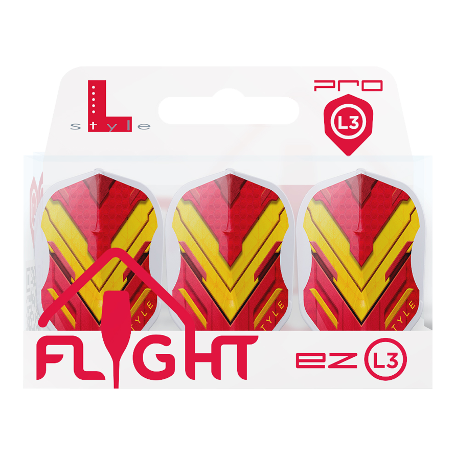 Vuelos L-Style V-Series V1 Tipo A España Blanco transparente L3EZ Das Bild zeigt eine Packung mit drei Dart-Flights der Marke L-Style in den Farben Rot und Gelb. Auf der Verpackung steht „FLIGHT ez L3“ und oben rechts ist das Pro L3-Logo zu sehen.