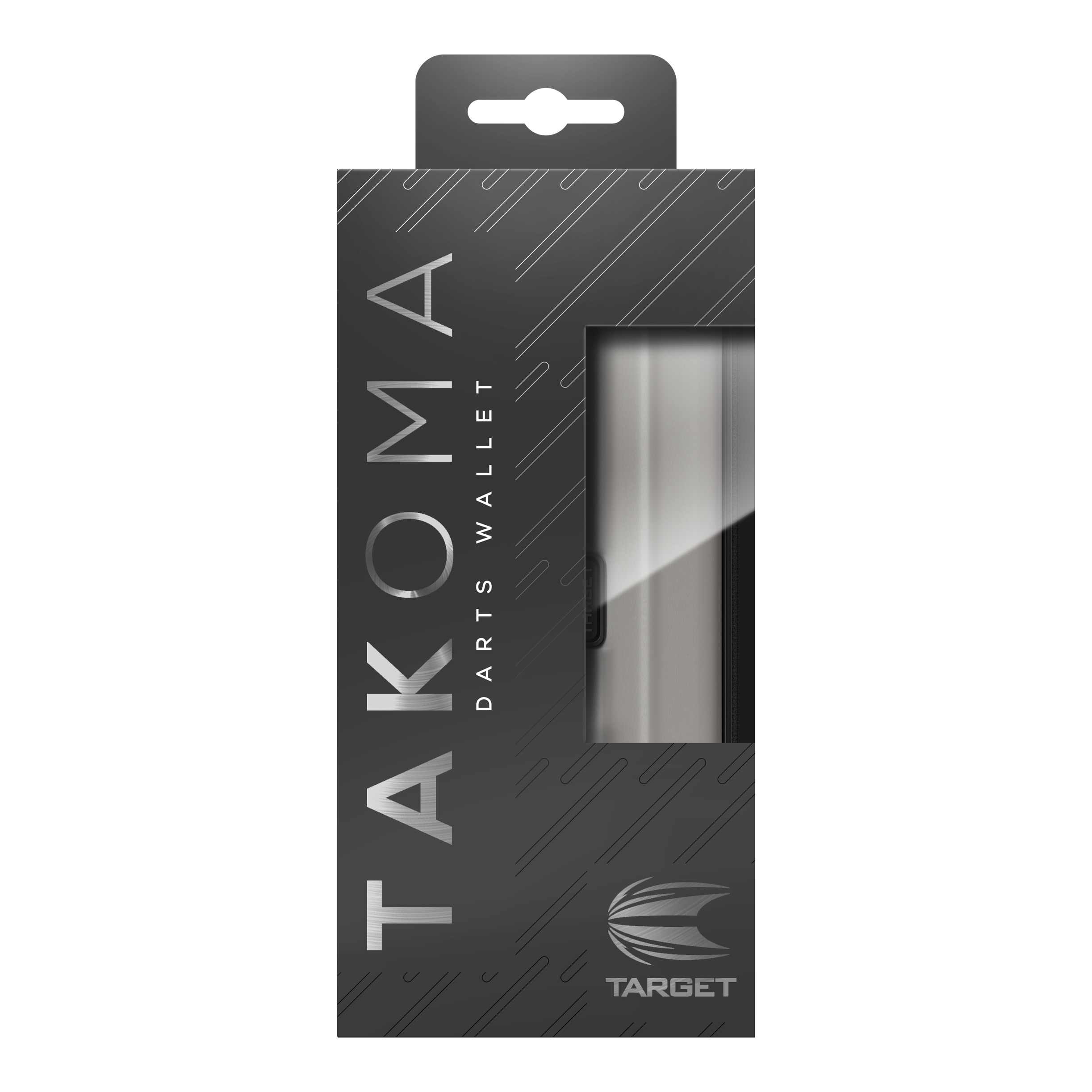 Target Takoma Dartwallet Auf dem Bild ist eine Verpackung für ein Dartwallet der Marke Target zu sehen. Die Verpackung ist schwarz-grau mit der Aufschrift "Takoma Darts Wallet".