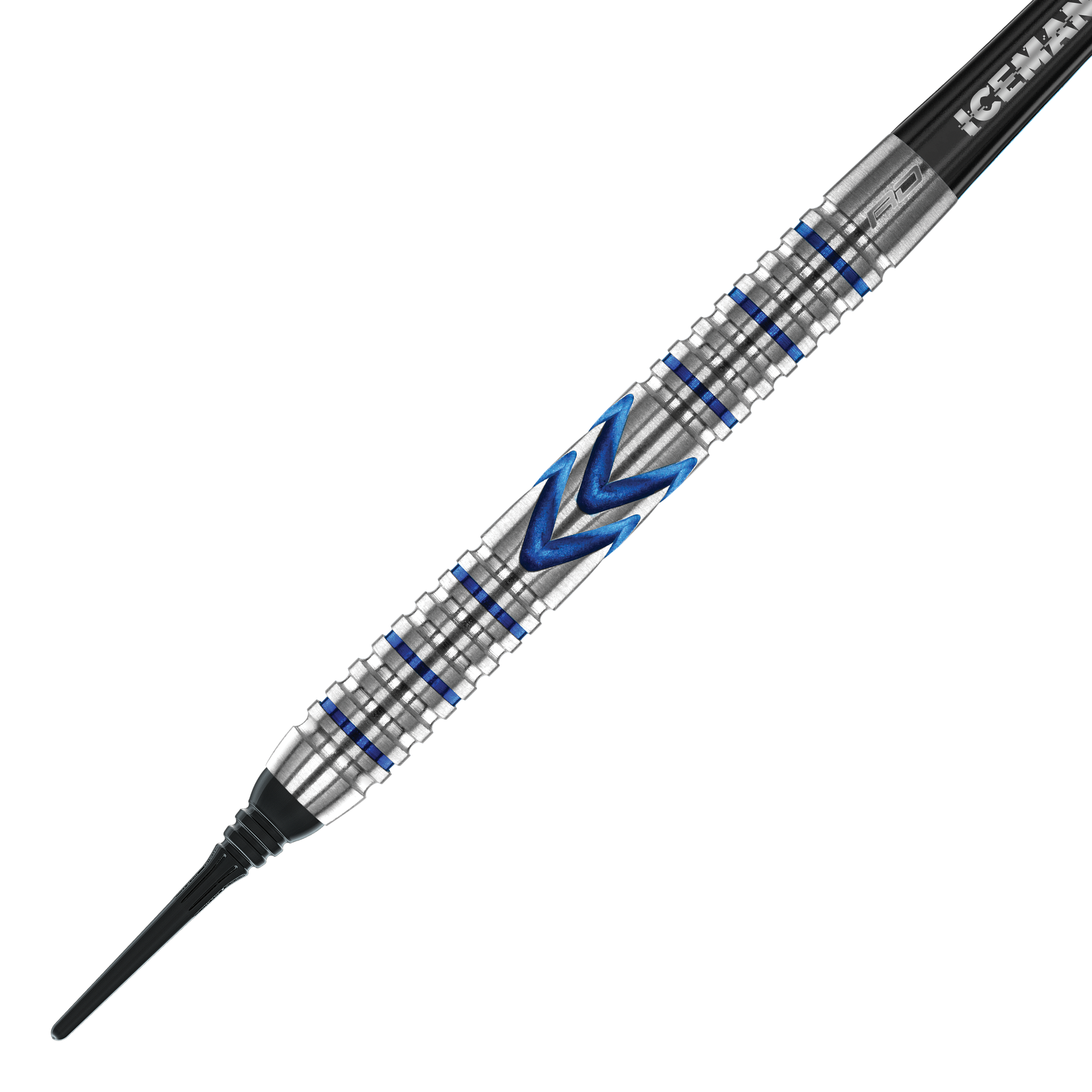 Dardos blandos Red Dragon Gerwyn Price Iceman Midnight Edition - 20 g Dies ist ein Softdart der Marke Red Dragon, Modell Gerwyn Price Iceman Midnight Edition mit 20 Gramm Gewicht. Der Dart hat ein silbernes Griffstück mit blauen Akzenten und einem markanten Zickzack-Muster.