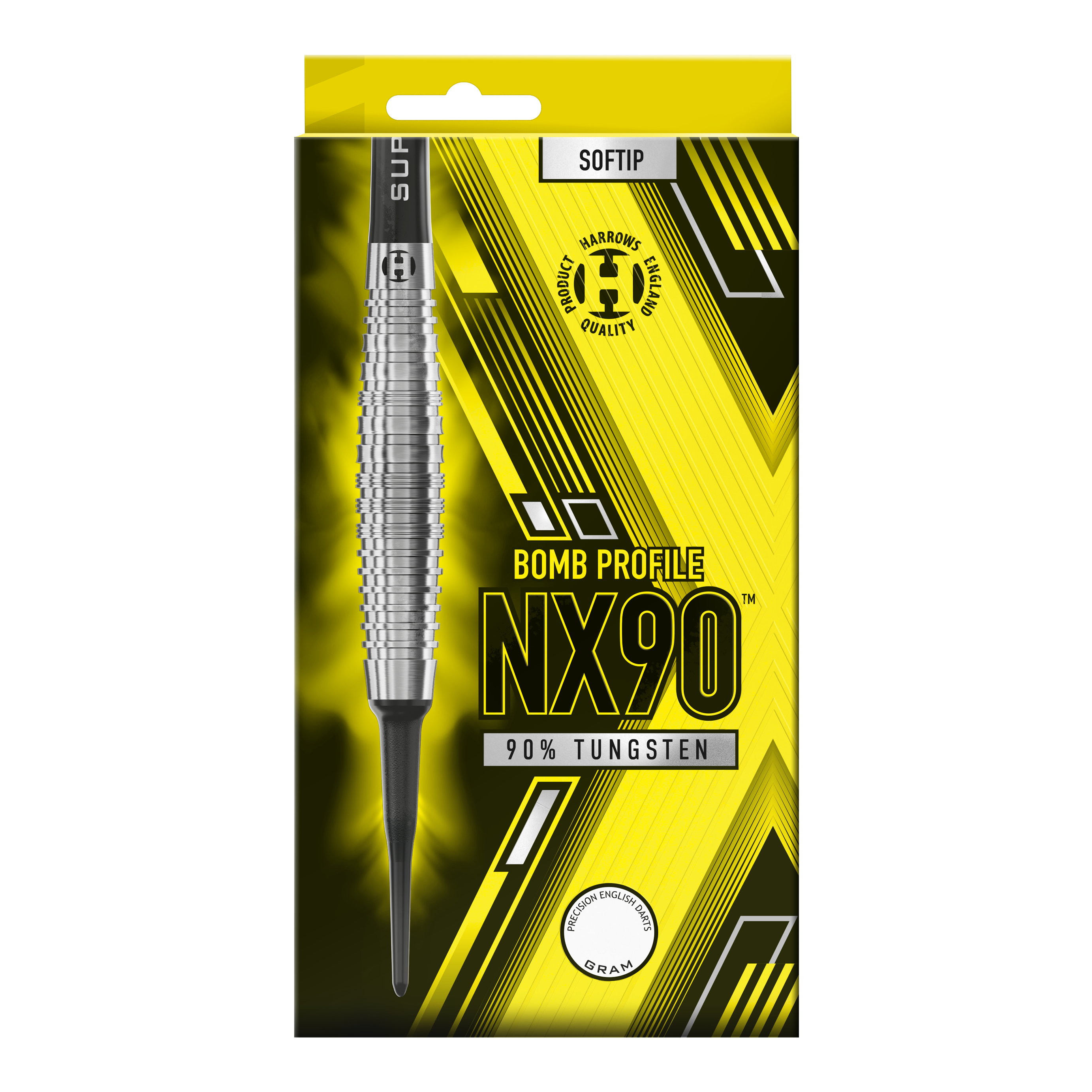 Dardos blandos Harrows NX90 Bomb Die Verpackung zeigt die "Harrows NX90 Bomb Softdarts" mit einem auffälligen gelb-schwarzen Design. Auf der Vorderseite steht, dass die Darts aus 90% Tungsten bestehen und eine Bombenform haben.