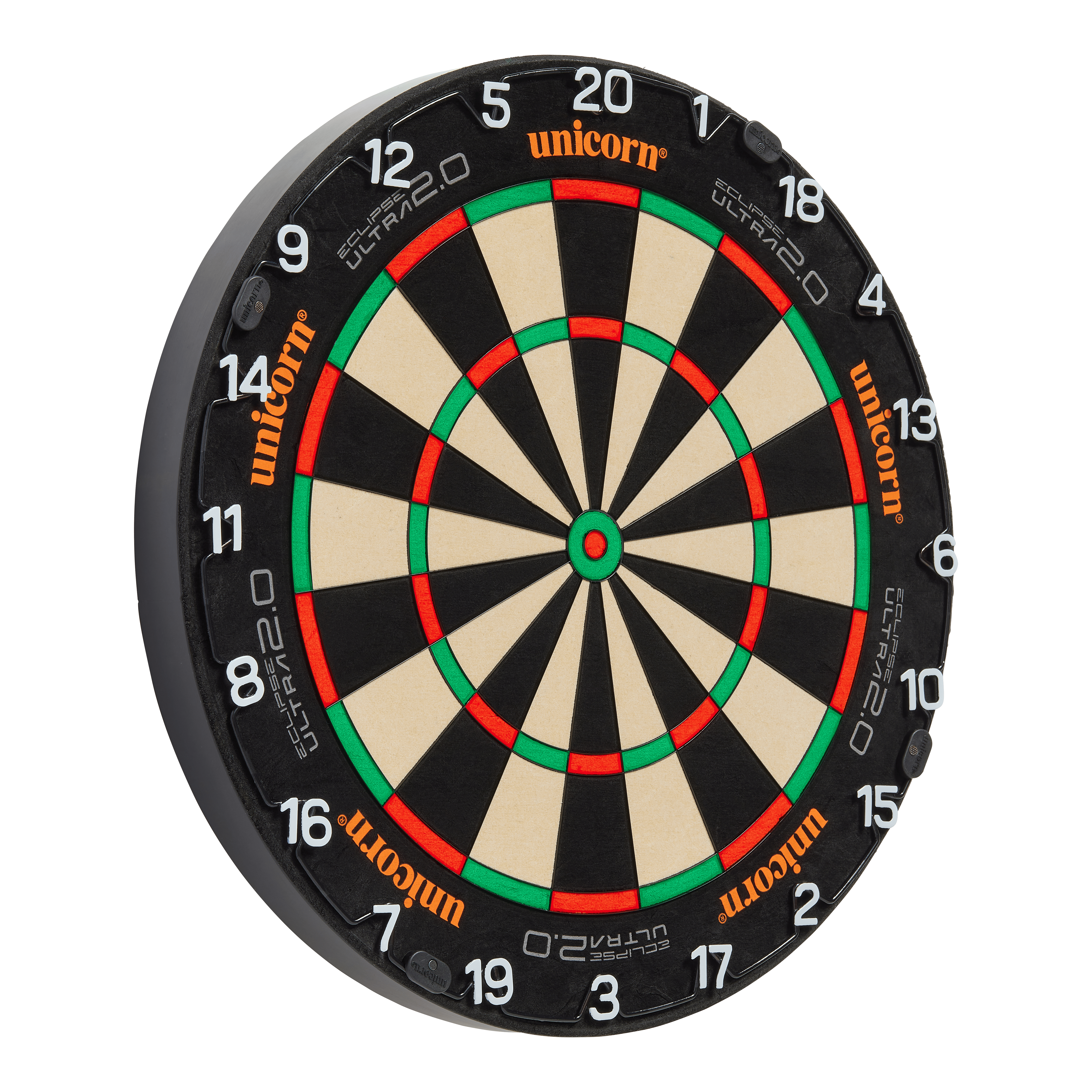 Diana de dardos de acero Unicorn Eclipse Ultra 2.0 Das Bild zeigt eine Unicorn Eclipse Ultra 2.0 Steeldartboard. Die Dartscheibe hat ein klassisches Design mit schwarzen, weißen, roten und grünen Segmenten.