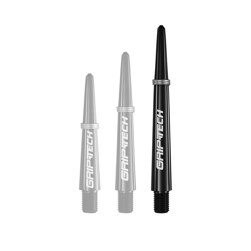 Varillas GOAT Griptech - Negras Auf dem Bild sind drei schwarze Dartschäfte in verschiedenen Längen zu sehen. Auf jedem Schaft steht das weiße Logo "GRIPTECH".